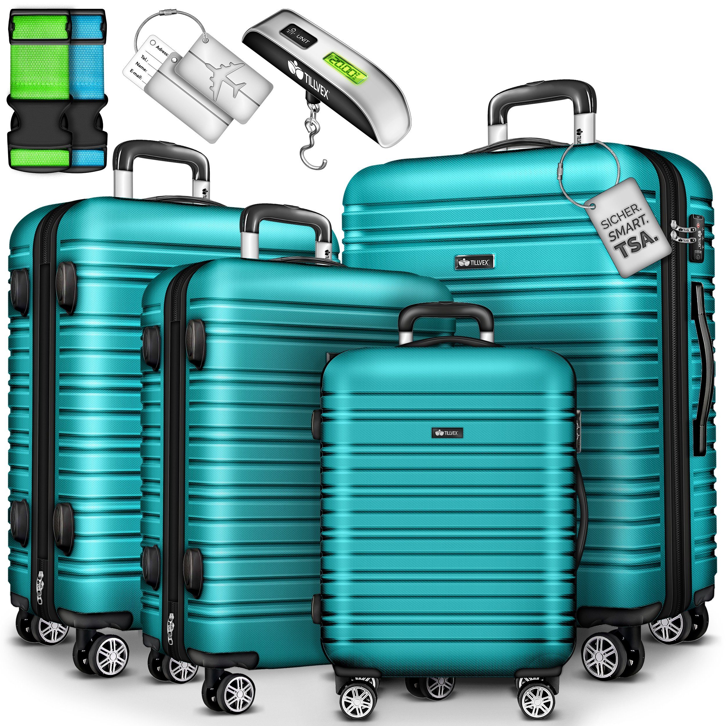 tillvex Kofferset Reisekoffer Set 4-teilig mit Gepäckwaage, Koffergurte, (und Kofferanhänger Hartschale Kofferset mit 4 Rollen, Trolley Gepäck Koffer mit TSA Schloss Rollkoffer)