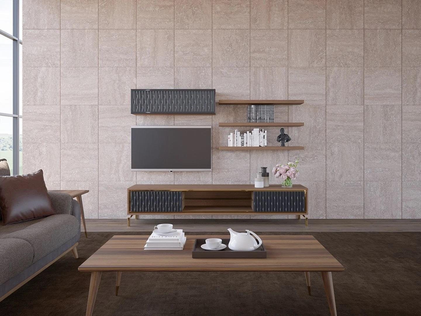 JVmoebel Wohnwand Komplett Wohnwand Wandschrank Holzmöbel Set 5tlg 3x Wandregale, (5-St., 1x TV-Ständer + 1x Wandschrank + 3x Wandregale), Made in Europa