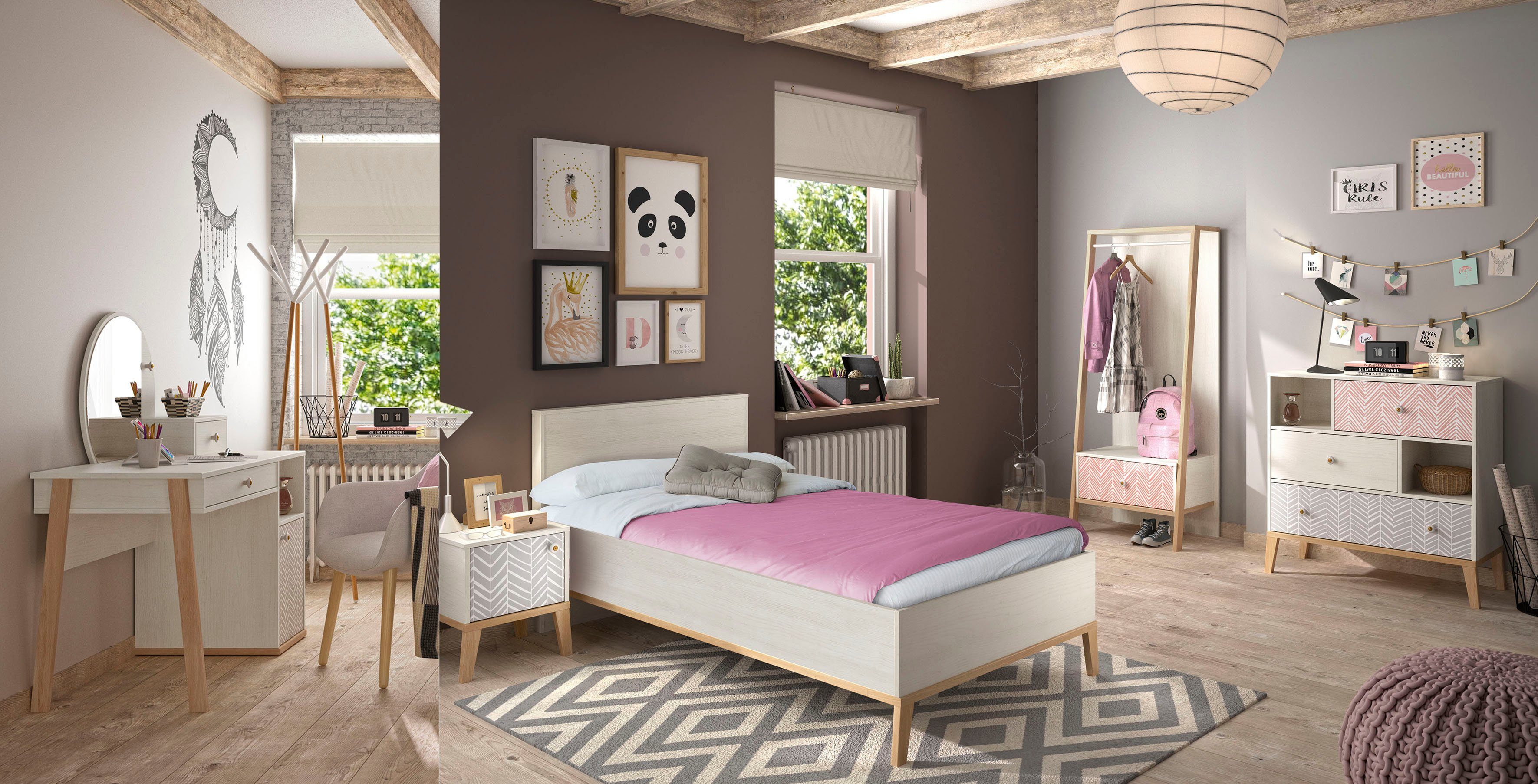 Gami Jugendzimmer-Set Alika, (Set, 6-St., Bett, Kleiderständer, Nachttisch, Kommode, Schreibtisch, mit Spiegel)