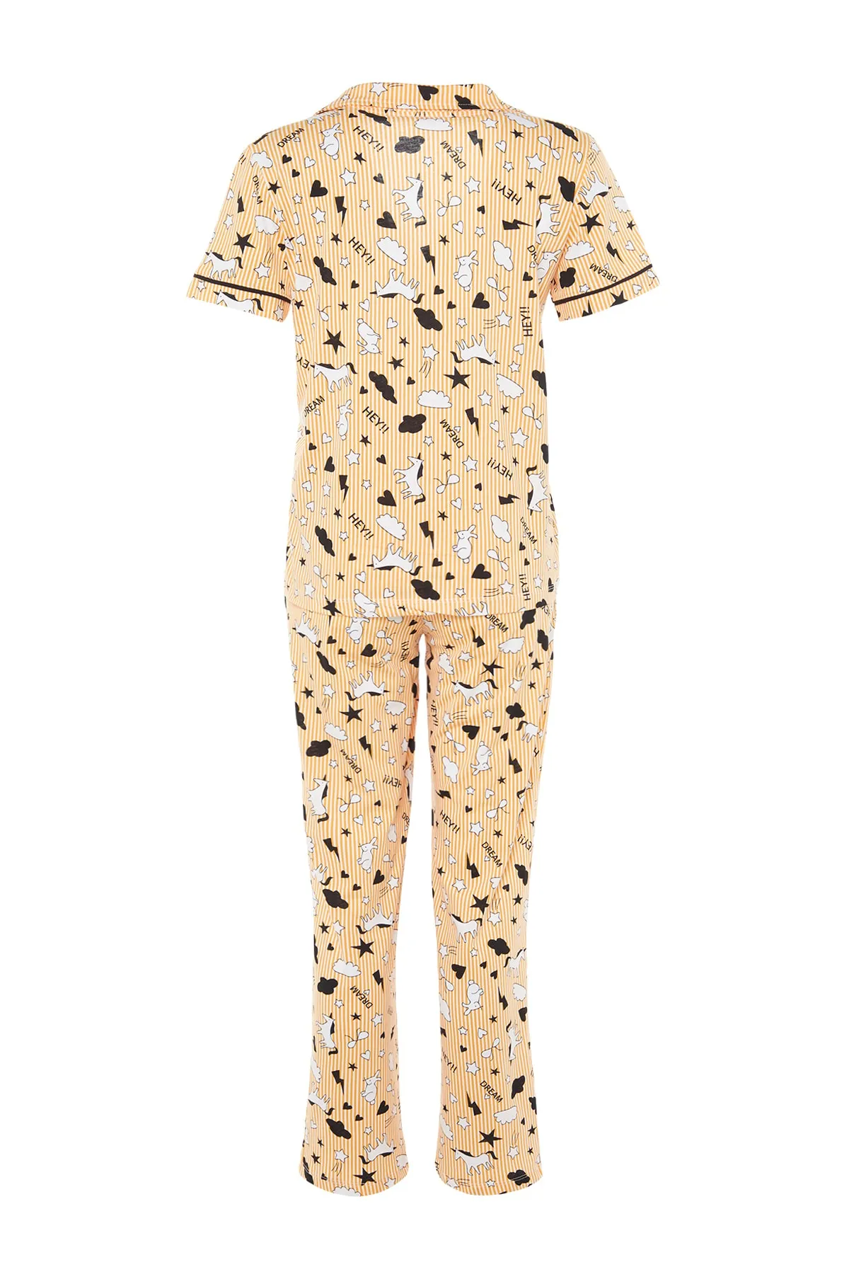 Trendyol Collection  Pfirsichfarbenes Strick-Pyjama-Set aus 100 % Baumwolle mit Paspeln und grafischem Muster aus Hemd und Hose THMSS19IP0037