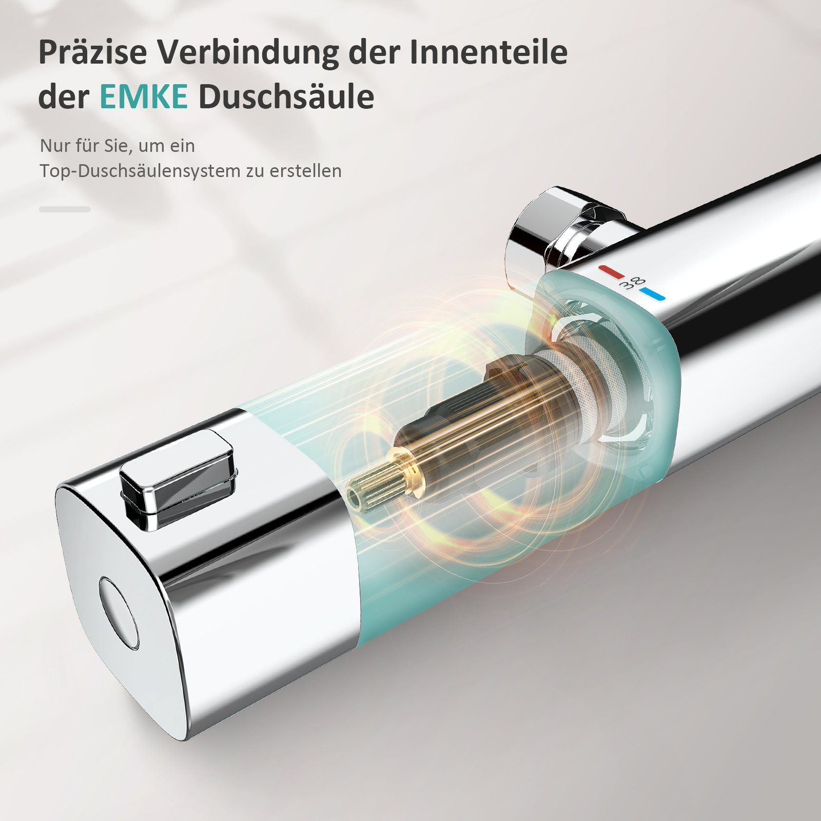 EMKE Duschsystem Duschset mit Theramostat Regendusche Handbrause, 3 Strahlart(en), 38℃ Thermostat Duschsäuleset, Quadratisch, Chrom