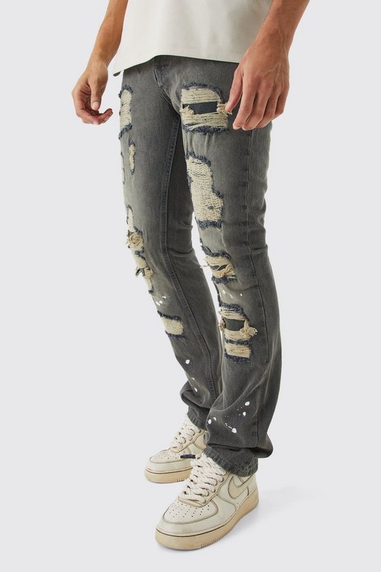 Gebleichte Slim-Fit Schlagjeans mit Rissen
