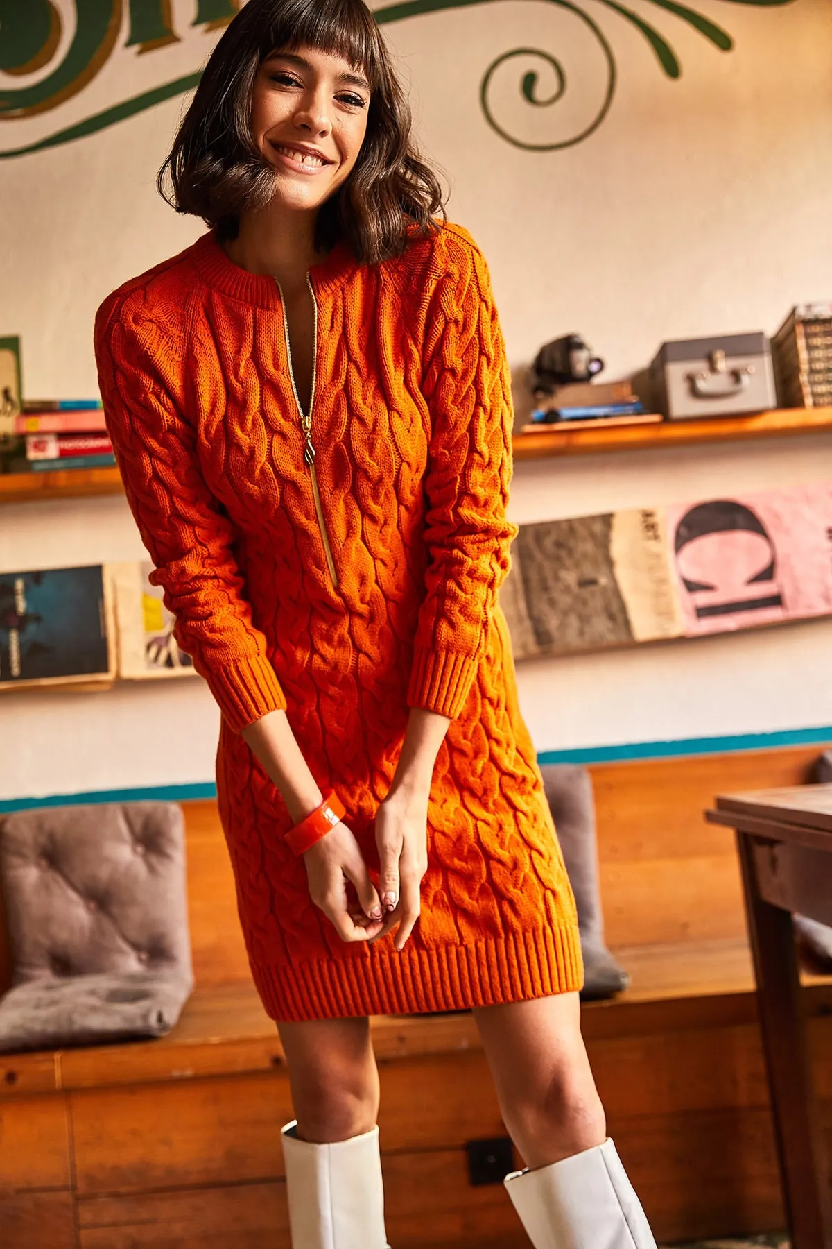 Olalook  Geflochtenes Strickkleid mit orangefarbenem Reißverschluss für Damen ELB-19001362