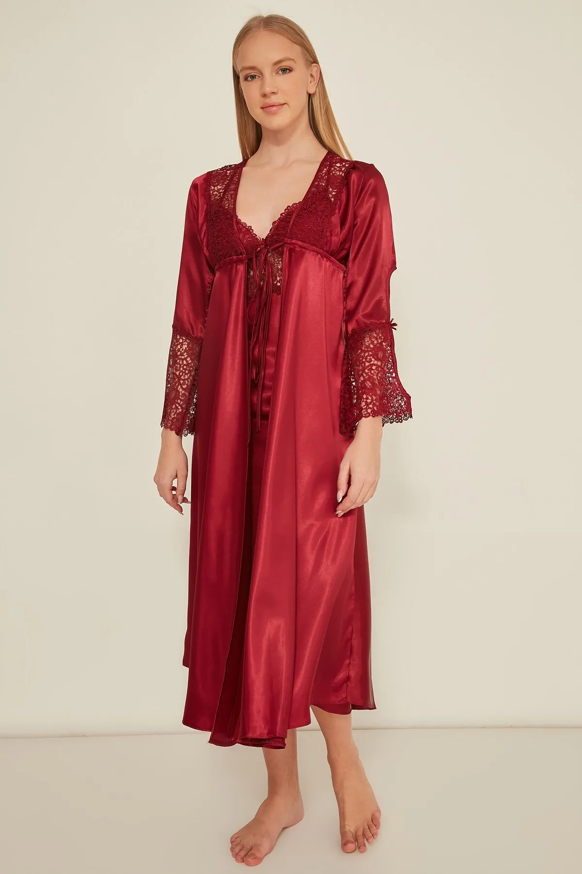 C&City  925 2-teiliges Mitgift-Set für Damen, Nachthemd, Morgenmantel, Weinrot