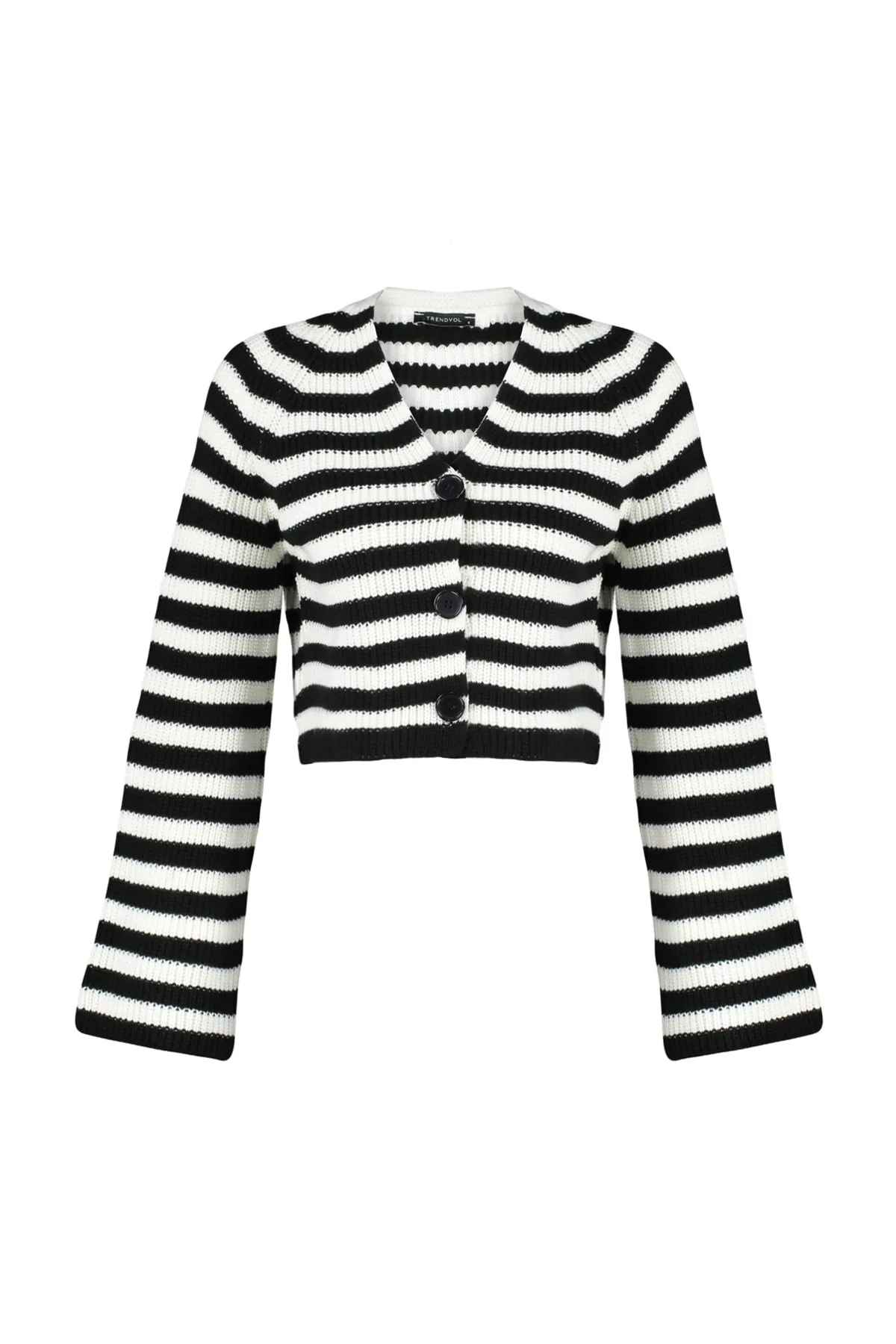 Trendyol Collection  Ecrufarbene Strickjacke mit V-Ausschnitt und Streifen TWOAW24HI00204