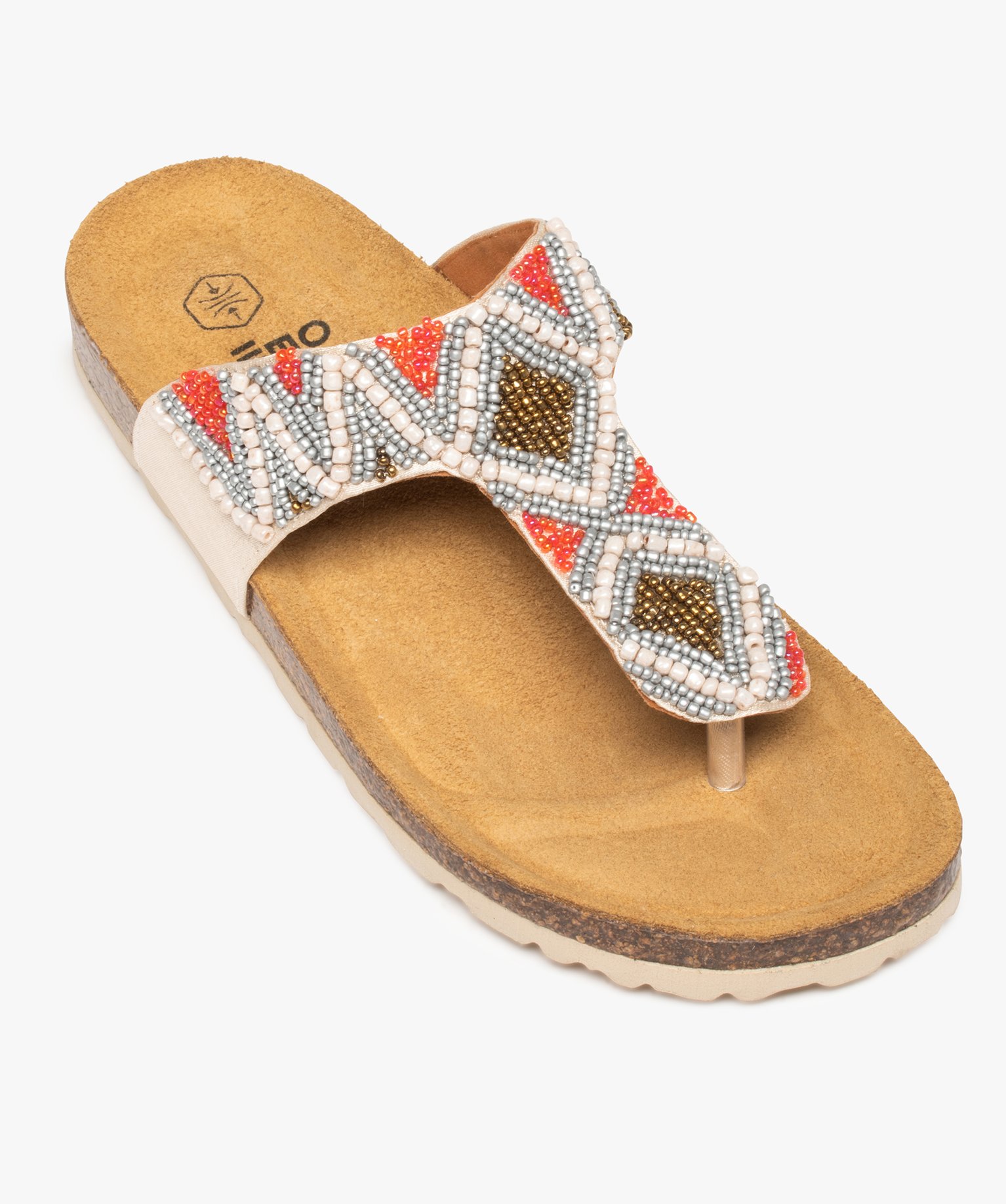 Sandales femme à entre-doigts avec brides ornées de perles beige | GEMO