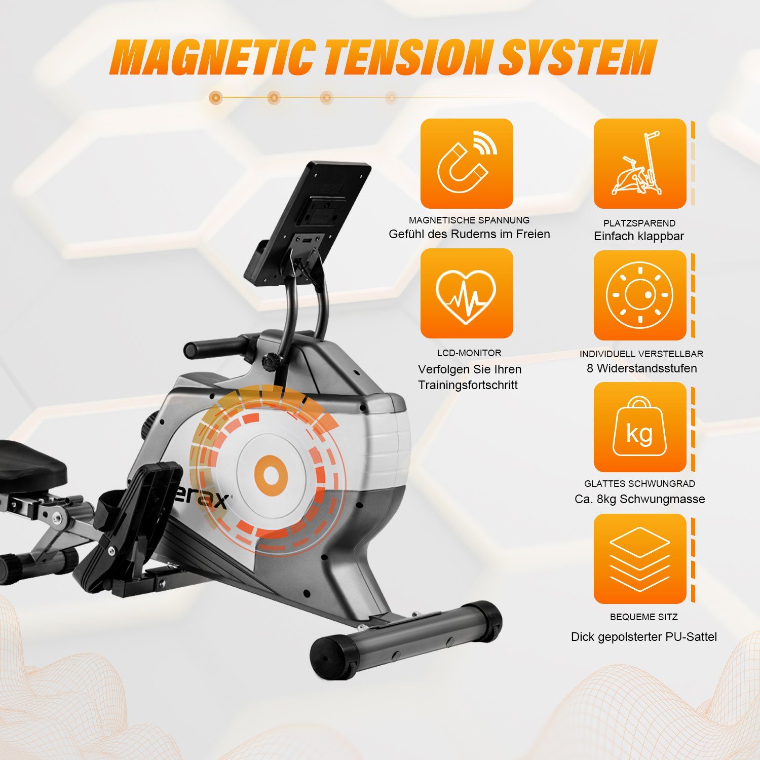 Fangqi Rudergerät Magnetisches Rudergerät Klappbares Rudergerät, LED-Monitor (mit Magnetischem Spannsystem)