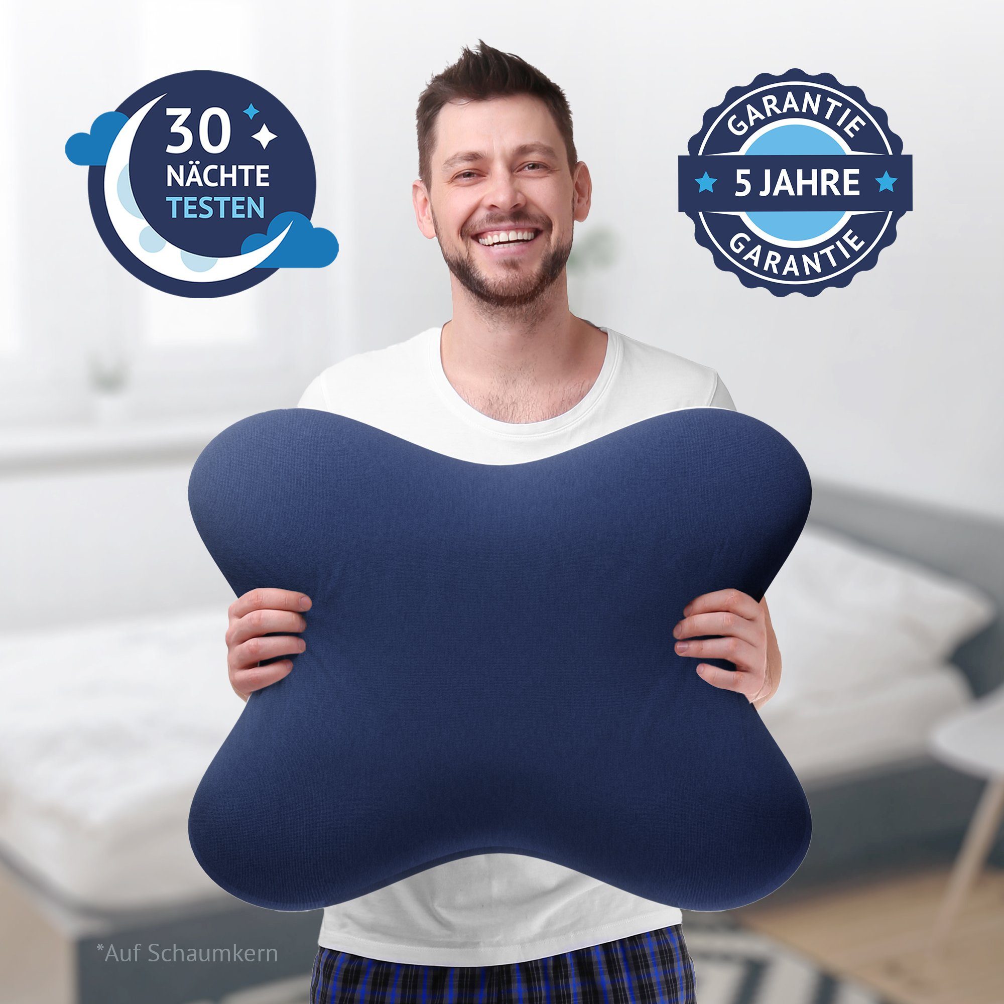 Nackenstützkissen Schmetterling, casimum, Füllung: Memory Foam, Bezug: Blau, Seitenschläferkissen aus Memory Schaum, mit blauem Bezug, 56x48 cm