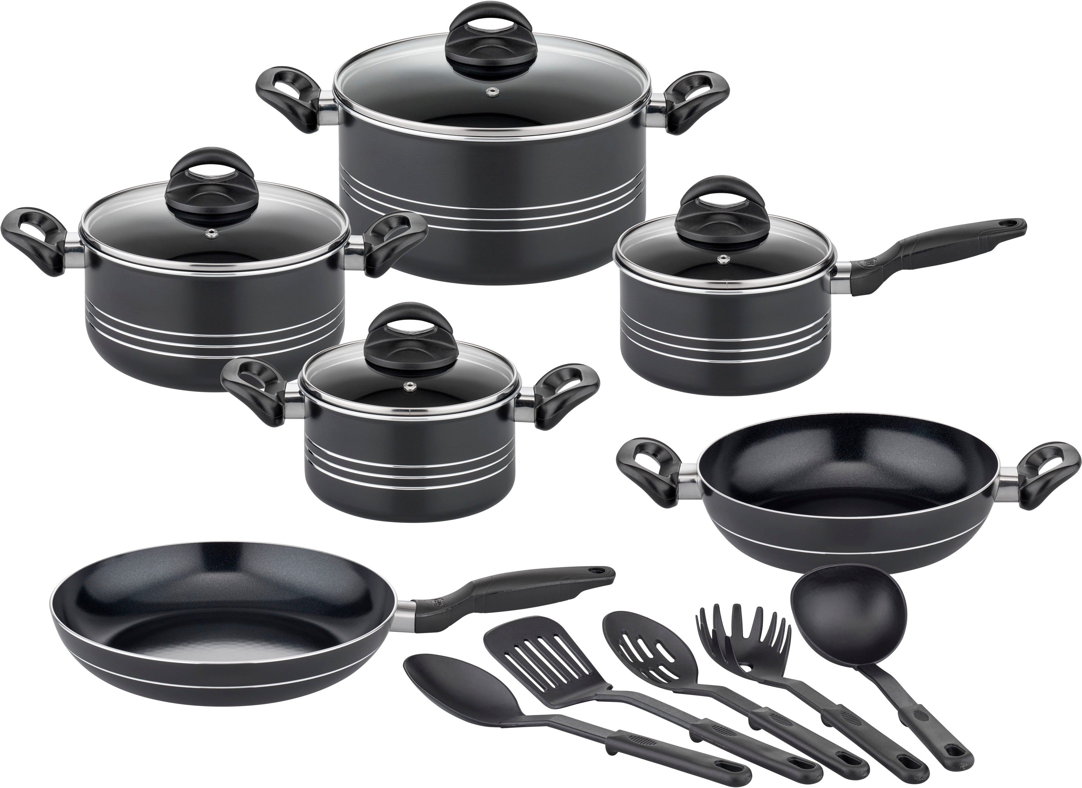 GSW Topf-Set Milano Nero, Aluminium (Set, 15-tlg), Induktion, inkl. 5-teiliges Küchenhelfer-Set