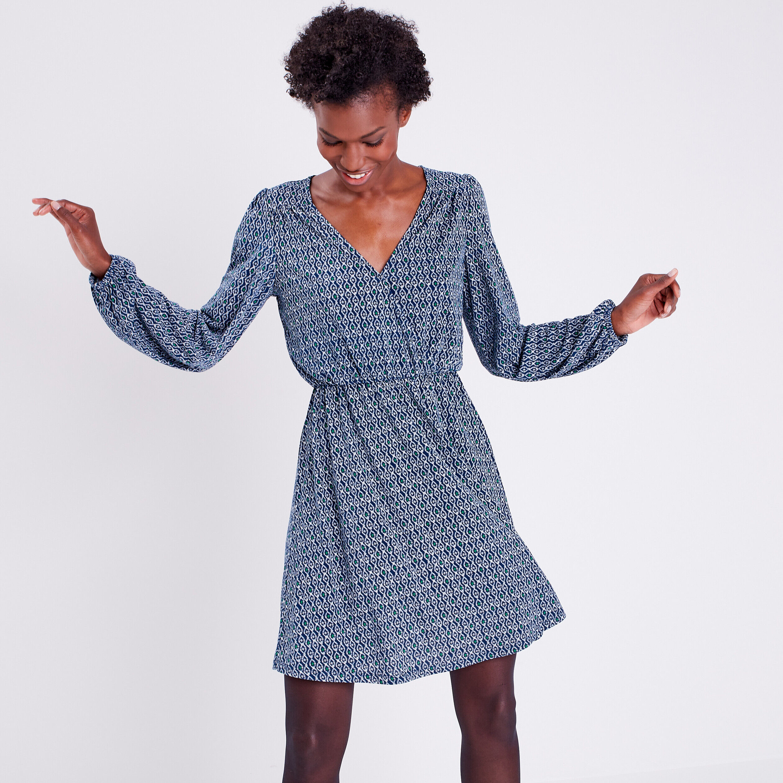 Robe évasée col cache-coeur bleu foncé femme | Cache Cache