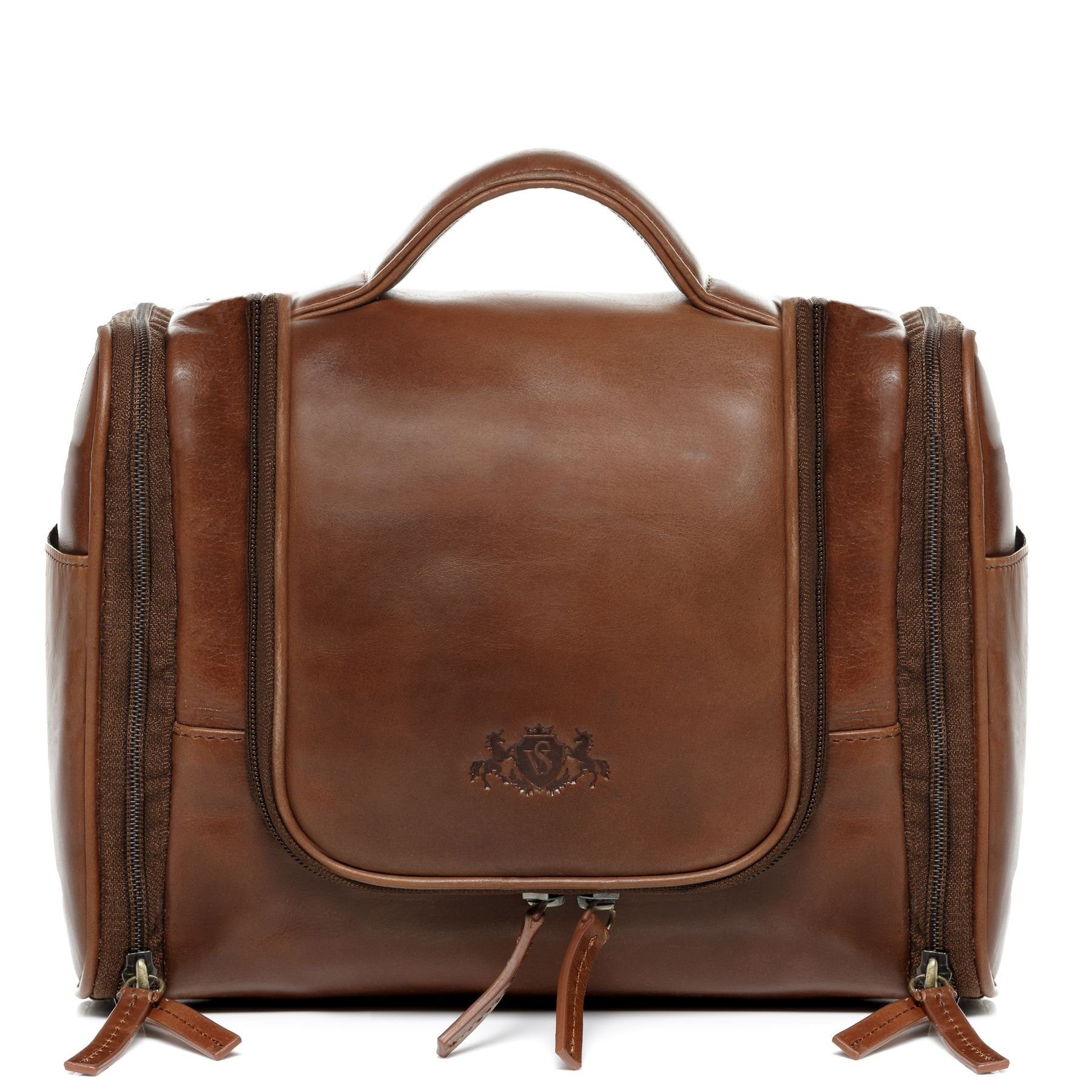 SID & VAIN Kulturbeutel Leder Kulturtasche Unisex DEXTER, Waschbeutel Echtleder für Damen & Herren, Kosmetiktasche hellbraun