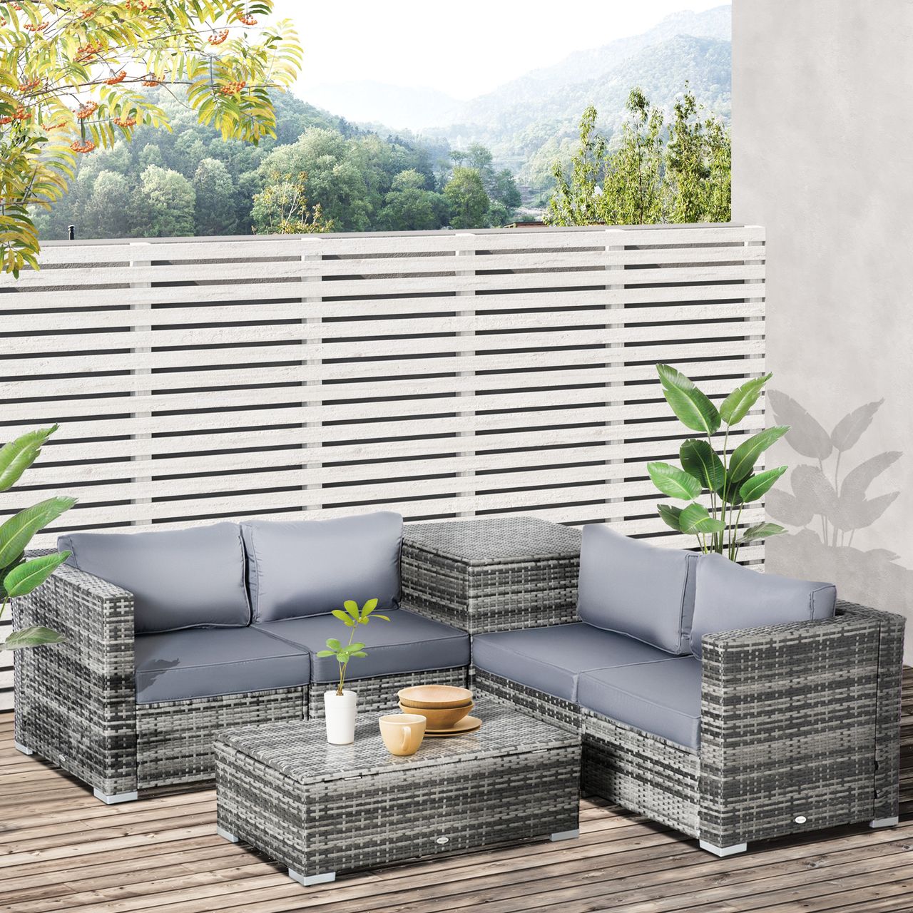 Outsunny 6 tlg. Polyrattan Gartenmöbel Set Sitzgarnitur mit Kissen Sitzgruppe Gartenset Sofagarnitur Lounge Tisch mit Stauraum Stahl Luxus Grau