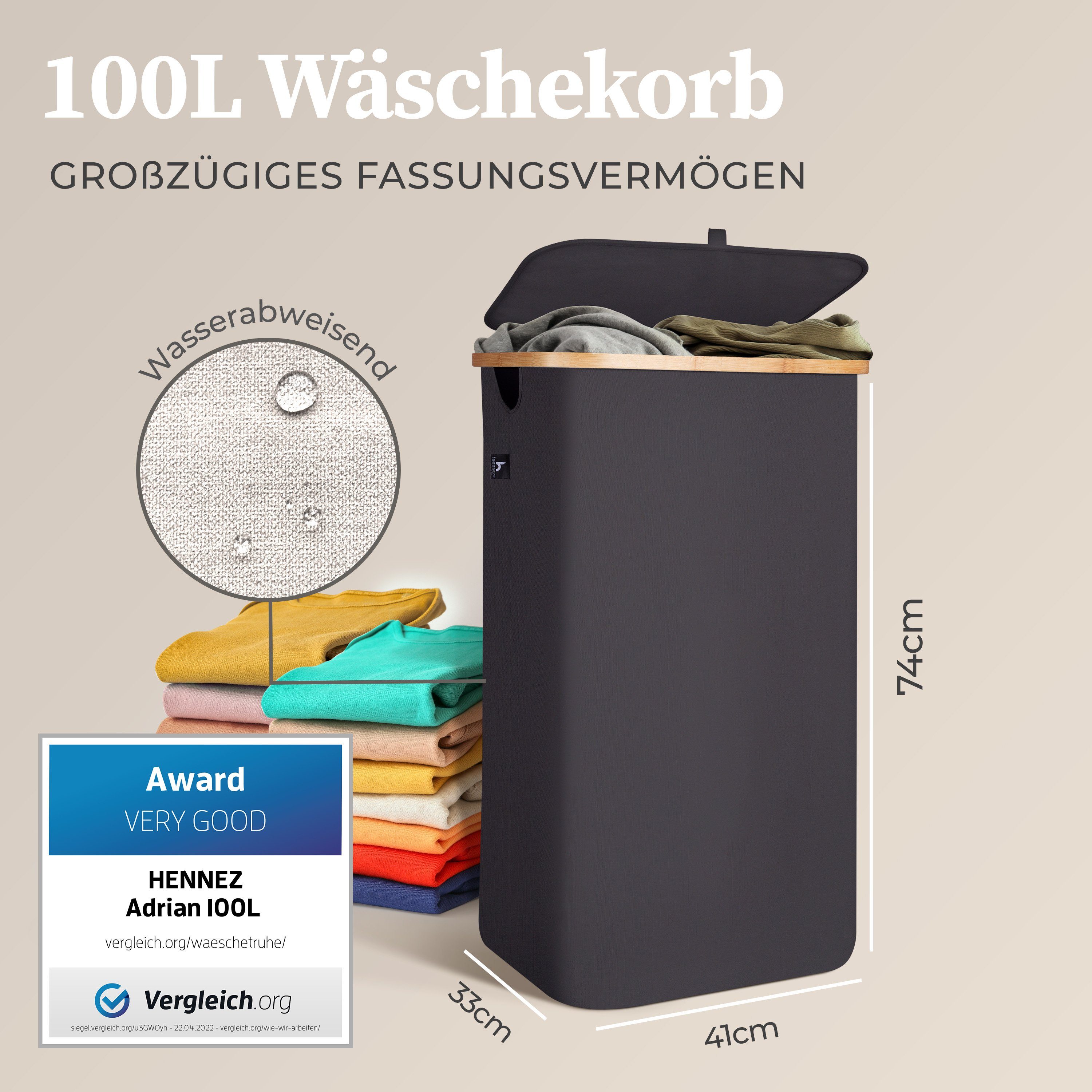 HENNEZ Wäschekorb 100L mit Deckel (Wäschekorb inkl. Wäschesack herausnehmbar), 1 Fach inkl herausnehmbarem Wäschesack Wäschesammler schmal mit Deckel