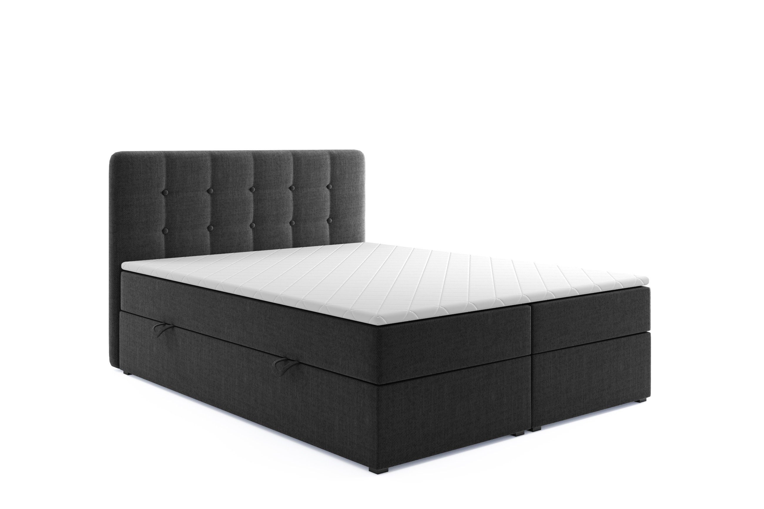 Möbel Punkt Boxspringbett Prag Grau Schwarz mit VISCO TOPPER (180 x 200 cm), mit Bettkasten, Chesterfield - Optik, inkl. Topper