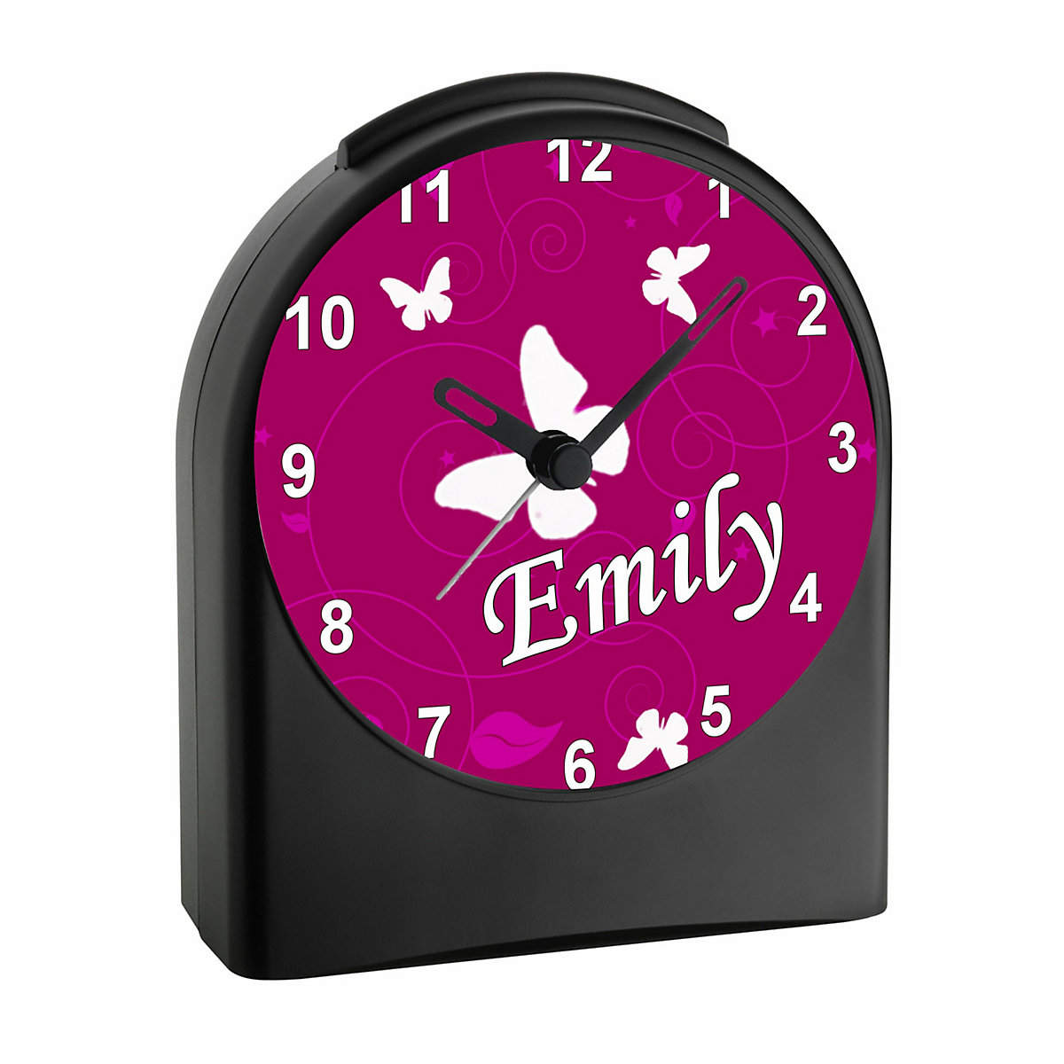 Kinder Funkwecker personalisiert mit Namen Schmetterling Ornamente Atom-/Funkuhr, 12-Stunden-Anzeigeformat, Schlummerfunktion, Nachtlicht, Geräuschlos/Ohne Ticken