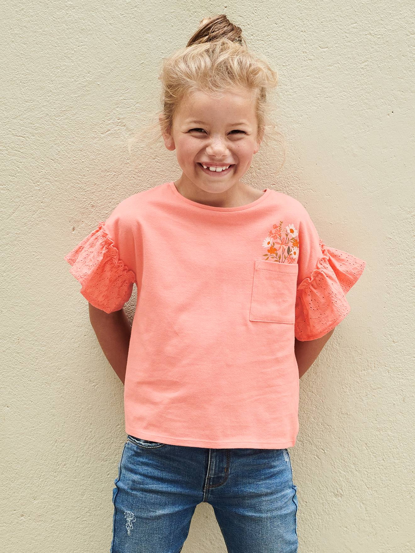 T-shirt manches à volants en broderie anglaise fille écru
