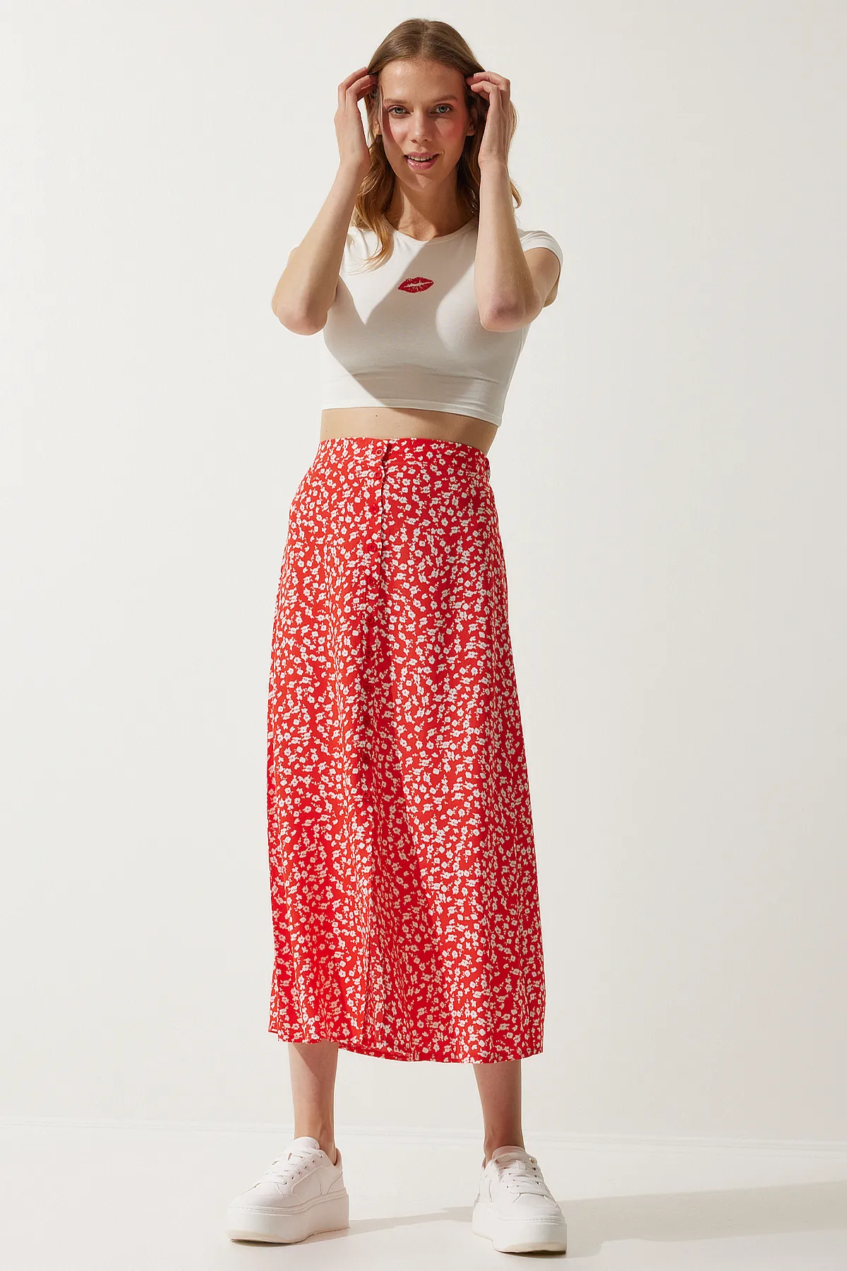 Happiness İstanbul  Orange gemusterter Viskoserock mit Schlitz für Damen UB00246