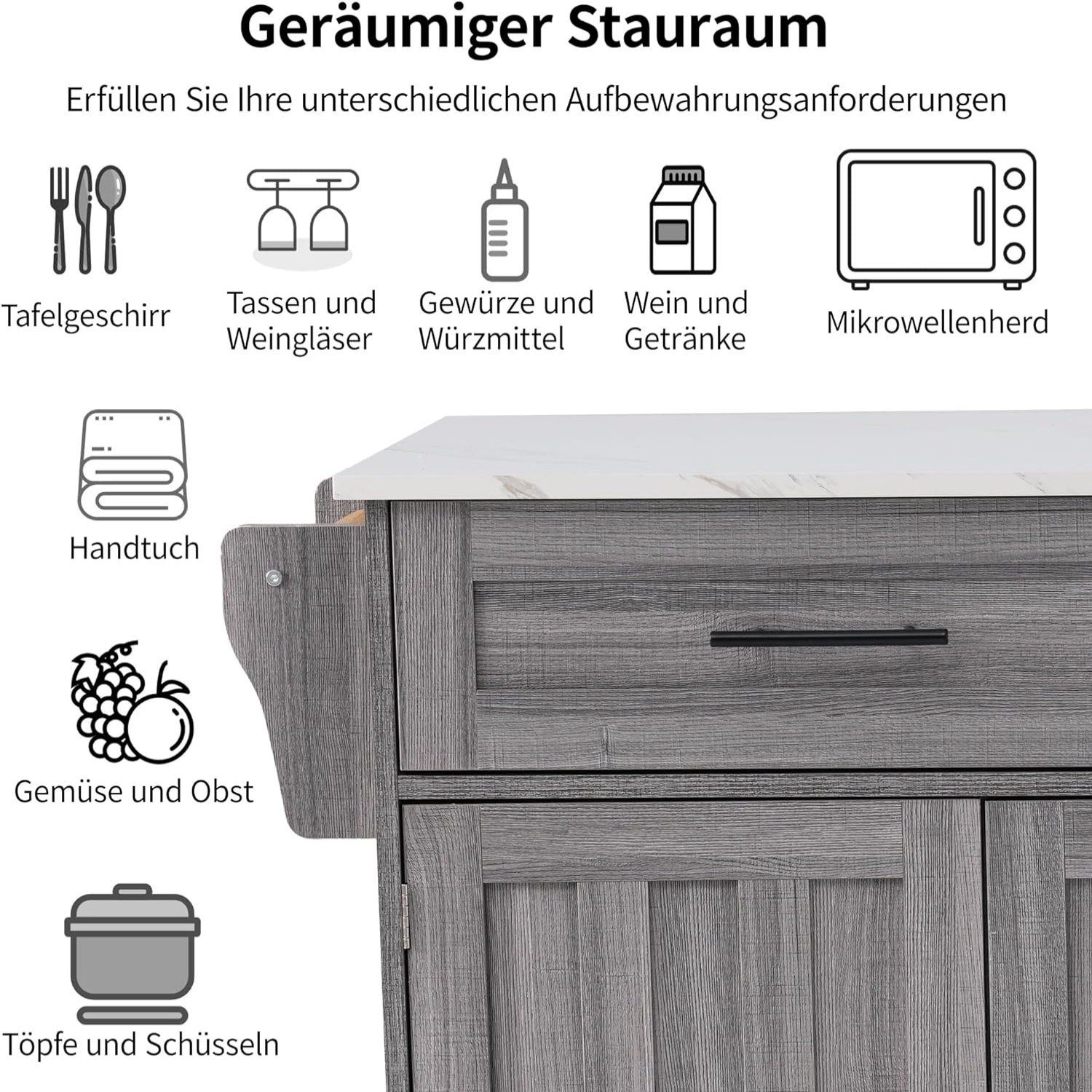 BlingBin Sideboard Speisewagen Faltbare Arbeitsplatte mit Massivholzmaserung + Schrank (1er Set, 1 St., Sideboard), Aufbewahrungstür-Design/Räder/Massivholzfüße umschaltbar