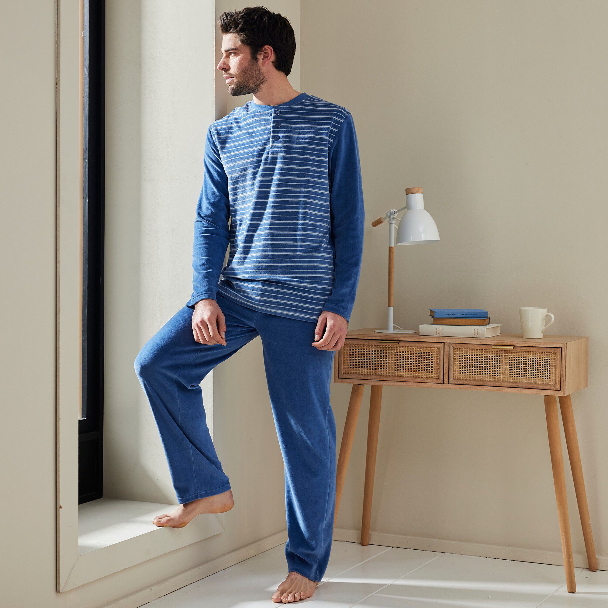 Pyjama pantalon rayé velours manches longues