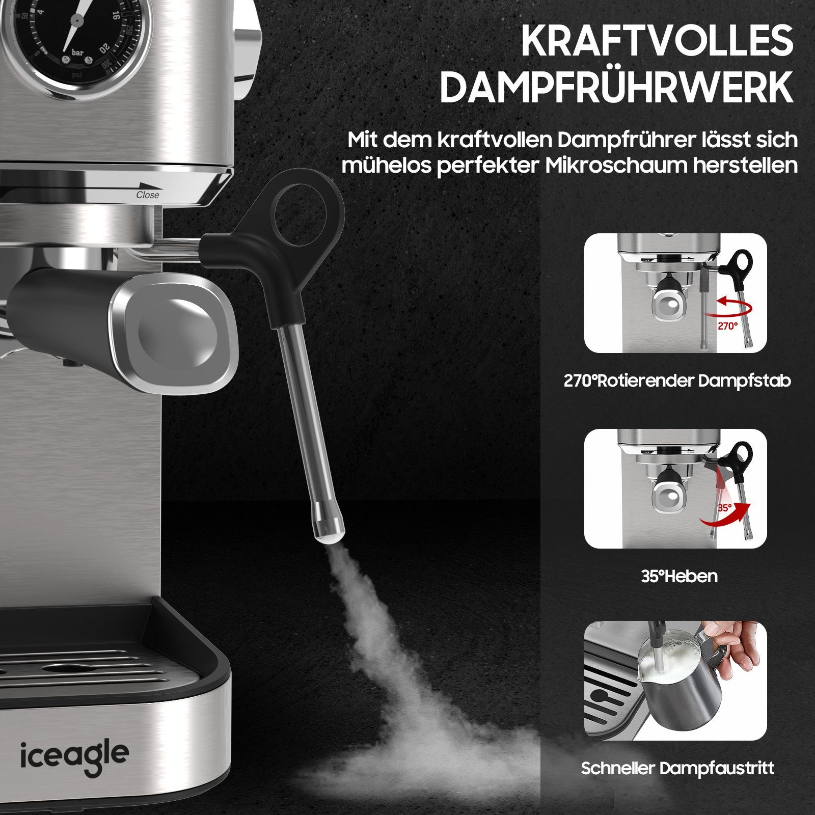 iceagle Espressomaschine Espressomaschine,Kaffeemaschine mit Milchschaumdüse, Filter aus rostfreiem Stahl, für Espresso&Cappuccino, Siebträgermaschine einstellbar Temperatur