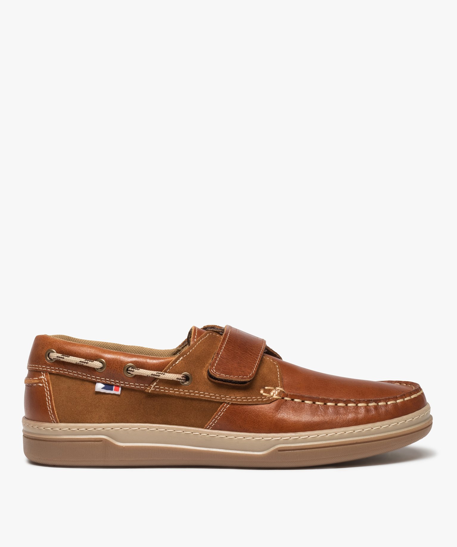 Chaussures bateau homme en cuir fermeture à scratch camel | GEMO