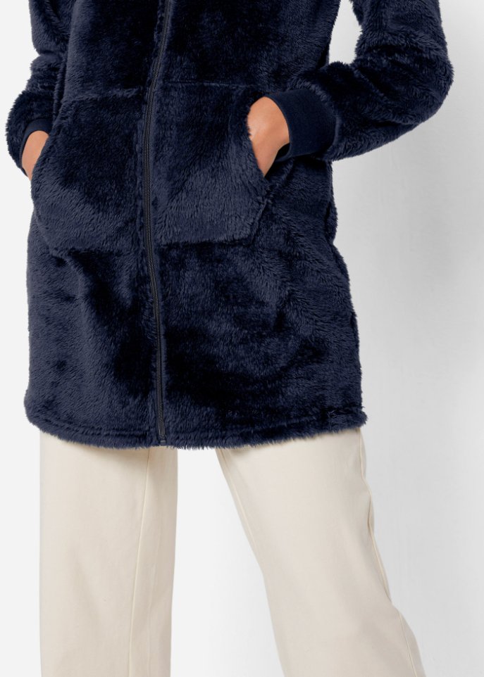 Kuschel-Long-Fleecejacke mit Kapuze