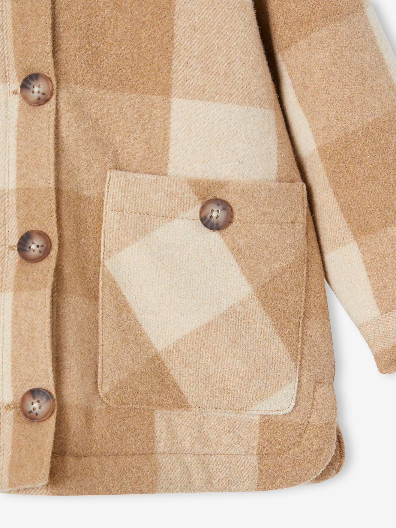 Manteau style surchemise en lainage à carreaux fille carreaux marron