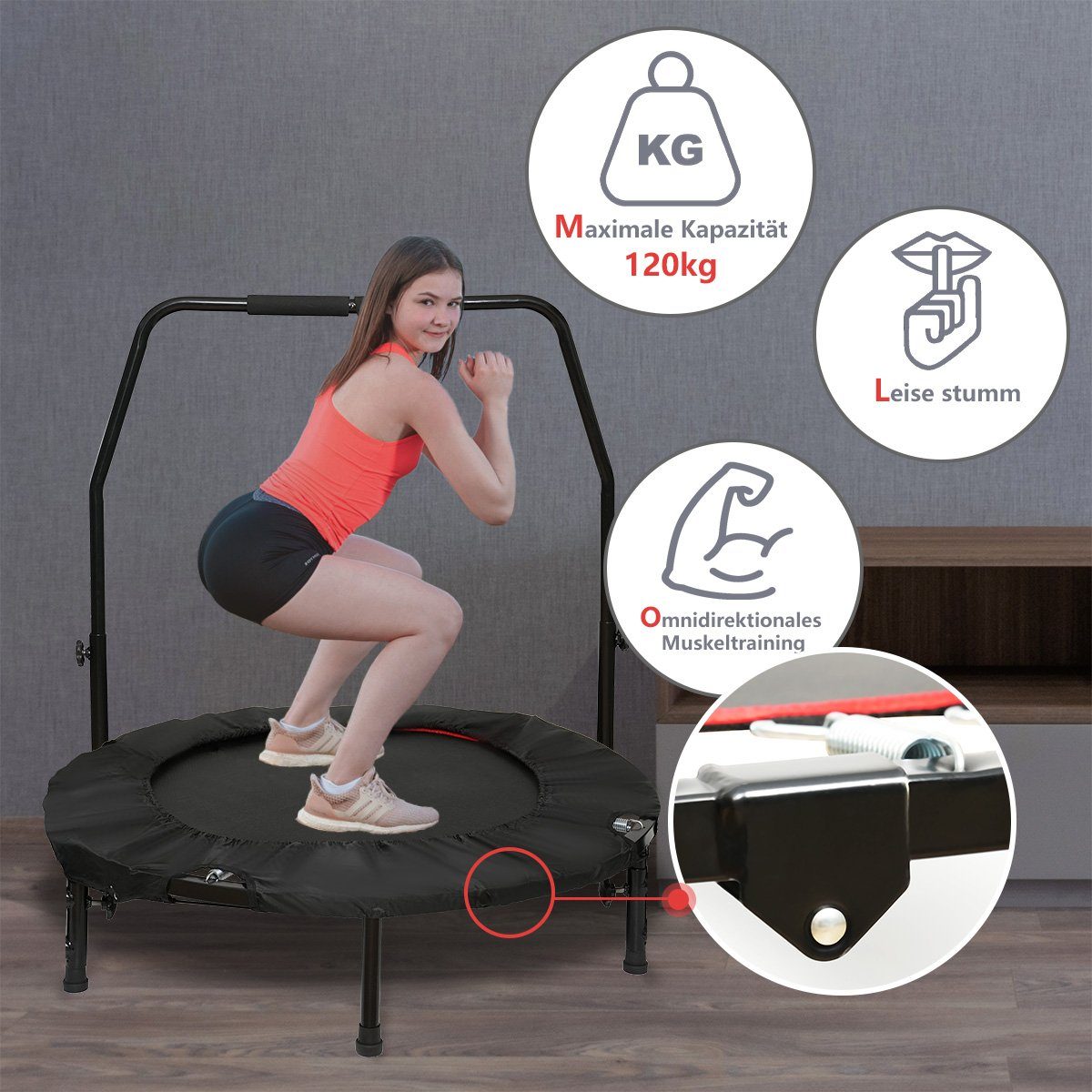 MULISOFT Fitnesstrampolin Fitness Trampolin Indoor Ø97/120cm Faltbar mit Haltegriff Metallfeder, Ø 97 cm, mit Randabdeckung, für Kinder und Erwachsene, Gartentrampolin