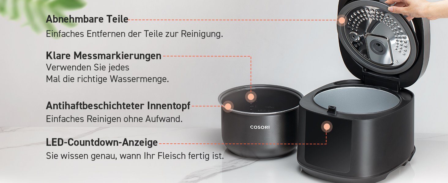 Cosori Multikocher CRC-R501-KEU + Zubehör, 970,00 W, 5,00 l Schüssel,Reis und Getreide, kochen, dämpfen, backen, Suppen, warmhalten, Timer