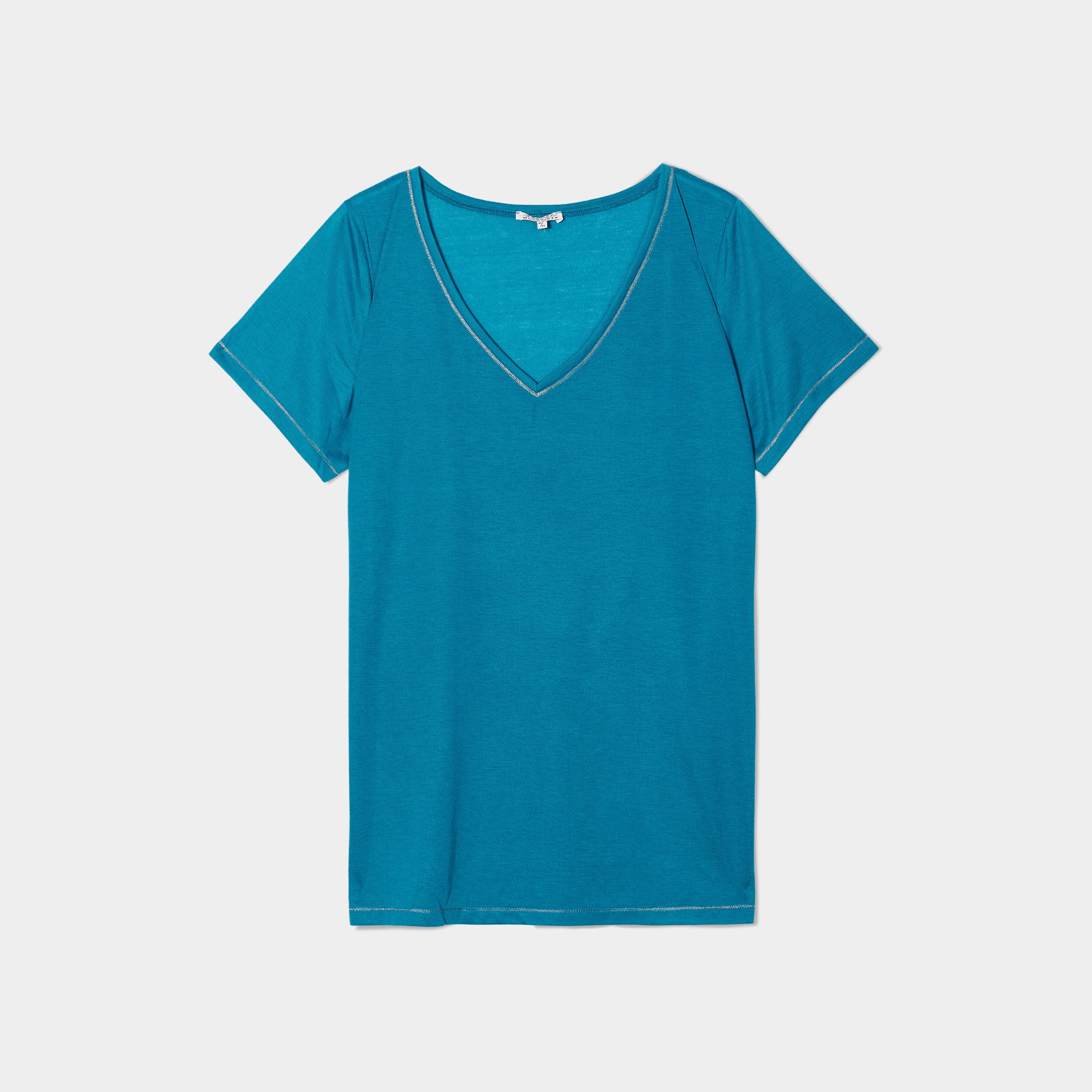 T-shirt manches courtes col V bleu canard femme grande taille | La Halle