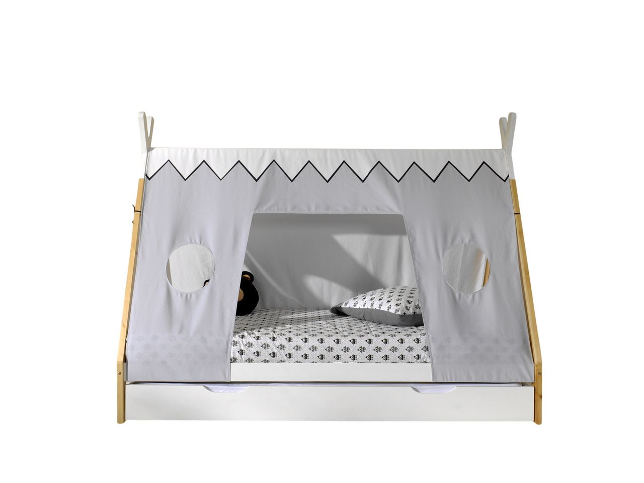 VIPACK Tipi Zelt Bett Liegefläche 90 x 200 cm, inkl. Rolllattenrost, Bettschublade und Textilzeltdach, Ausf. Kiefer massiv natur/weiß