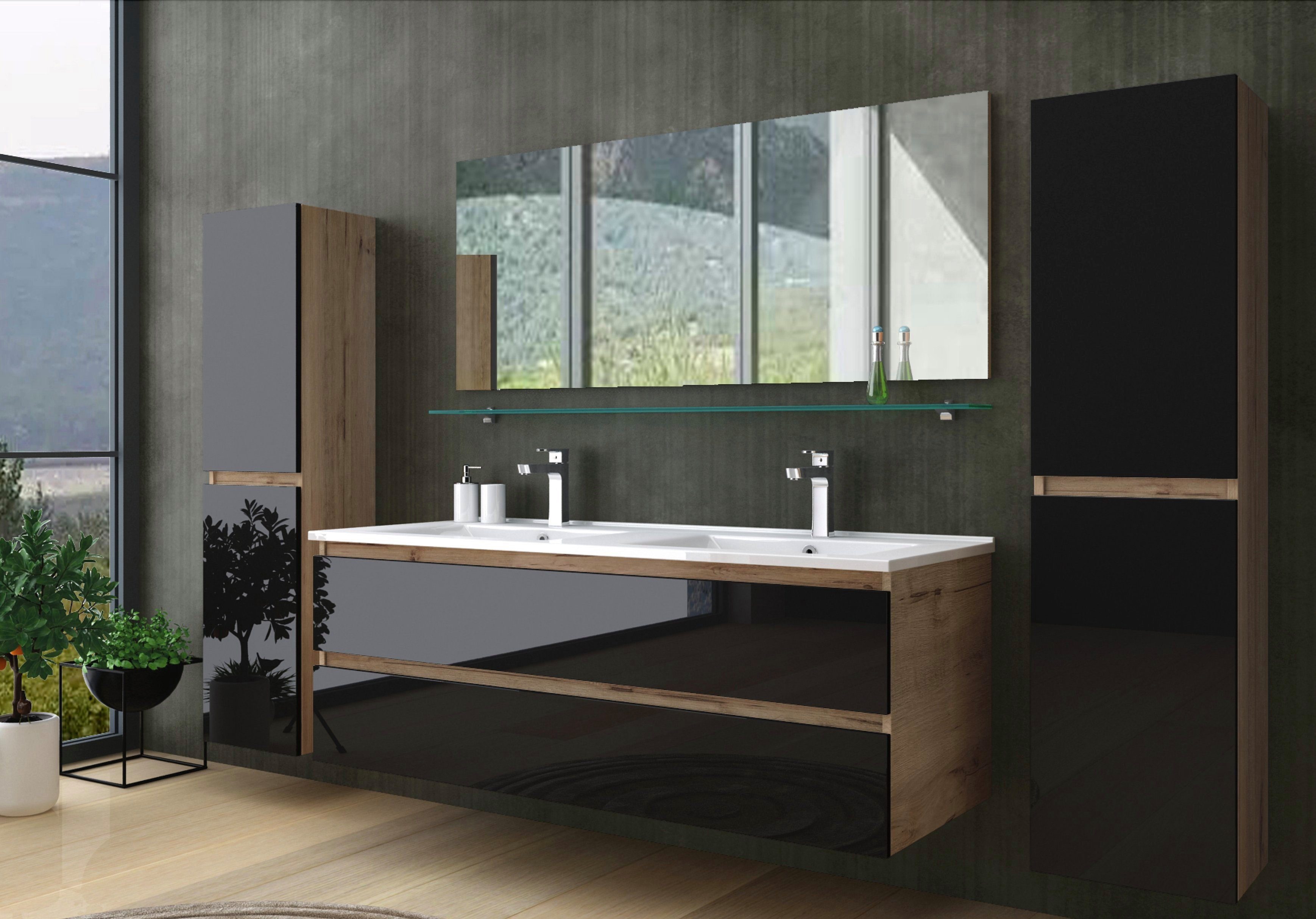 Homeline Badmöbel-Set Kaiser badmöbel, Set Eiche/Schwarz Doppel Waschbecken, Doppeltisch, (Set Angebot, 6-St., Besteht aus Teile), Hochglanz MDR, falls Doppel Waschbecken