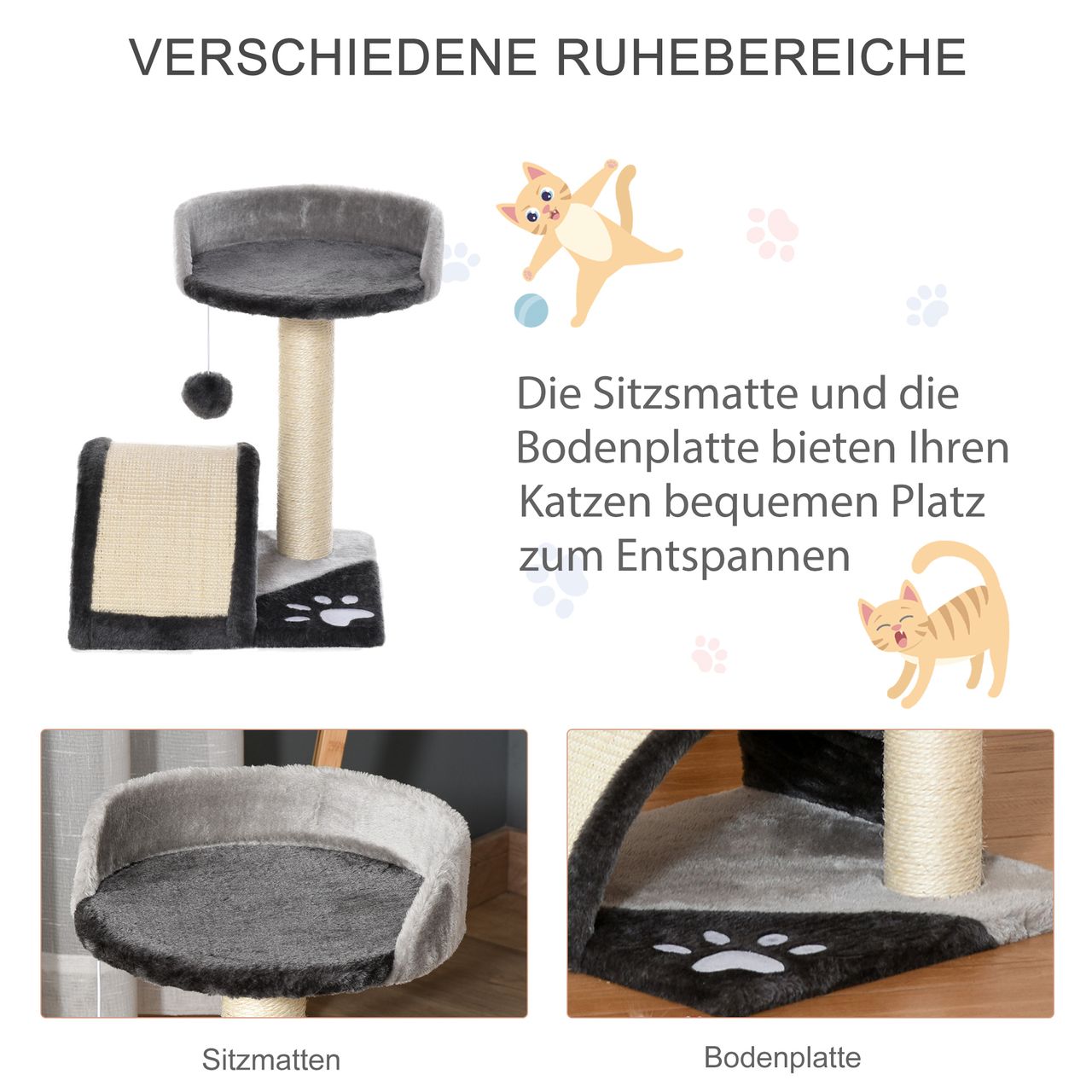 PawHut Kratzbaum Katzenbaum mit Spielbällen Sisalseil-Kratzstangen Grau