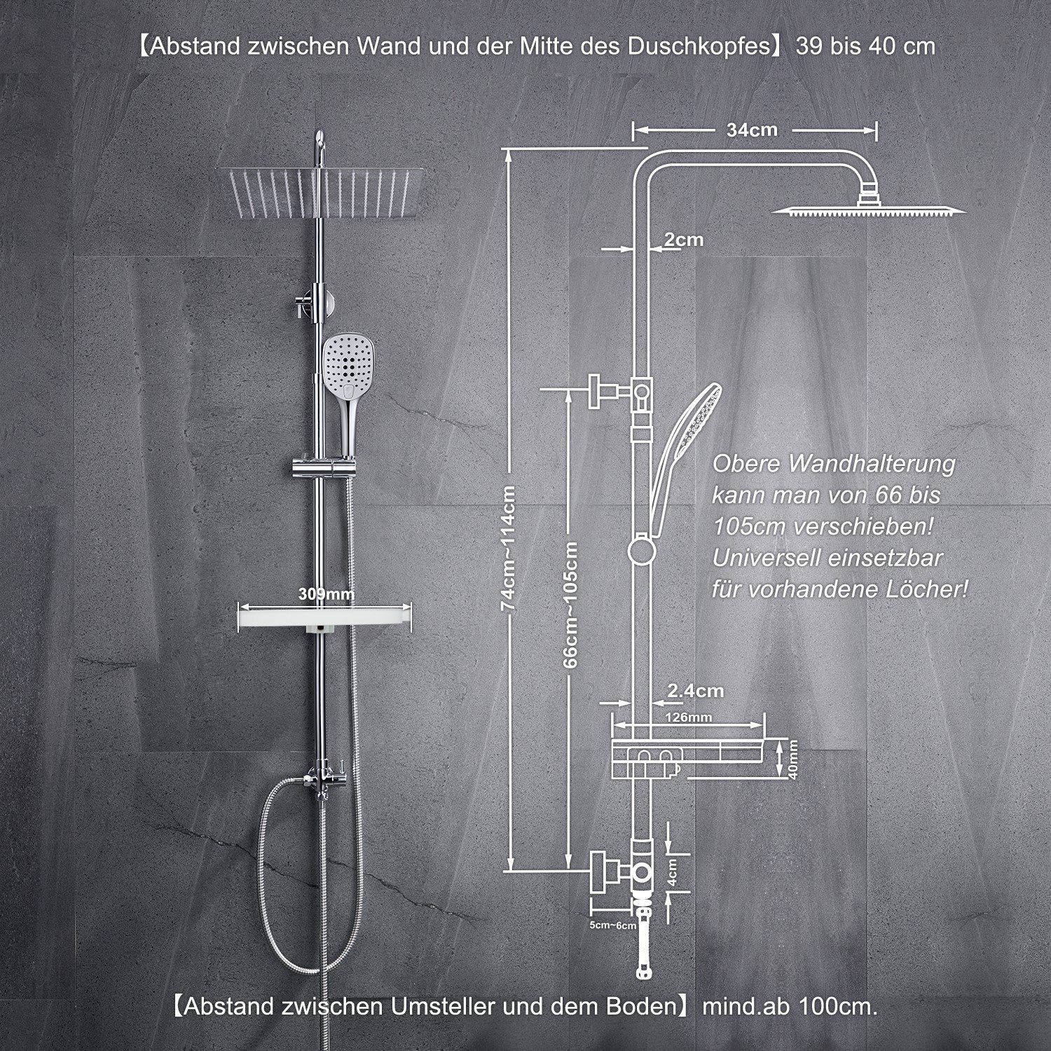 JOHO Duschsystem Duschset schwarz Duschsystem Überkopfbrause Set Regendusche, Höhe 114 cm, 3 Strahlart(en), Kopfbrause 20*20cm, universell einsetzbar für vorhandene Löcher