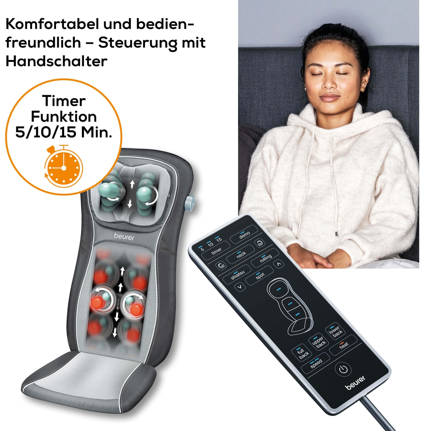 Beurer Shiatsu-Sitzauflage MG 260 HD-2-in-1-Sitzauflage Massagegrät für punktuelle Massage, Roll-, Nacken- & Rückenmassage