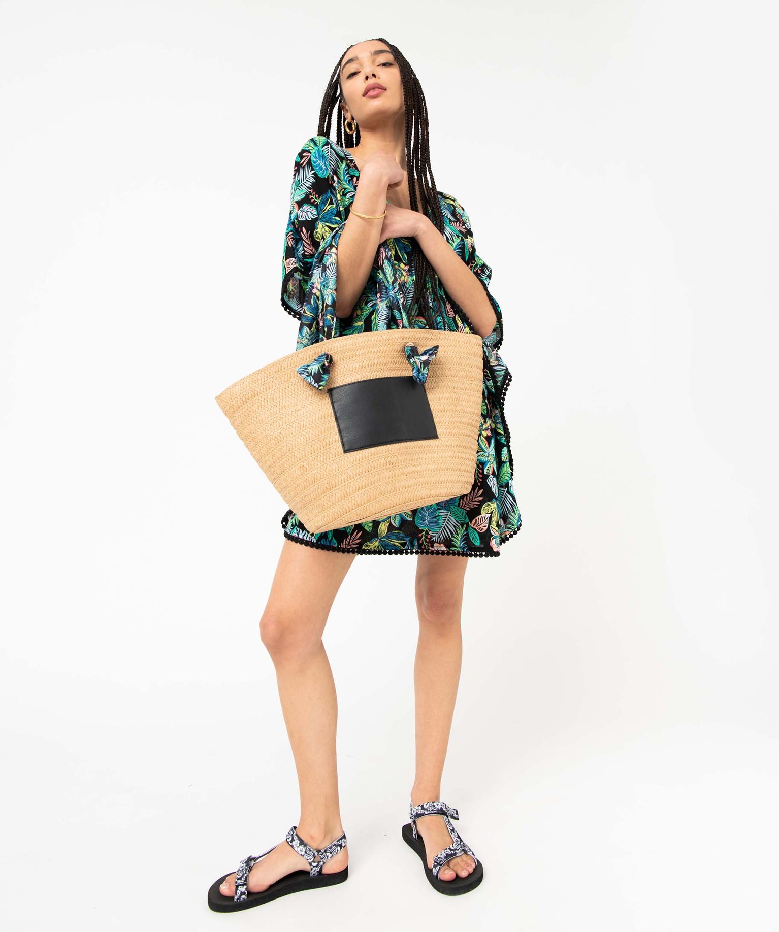 Sac de plage femme avec anses en tissu fleuri beige | GEMO