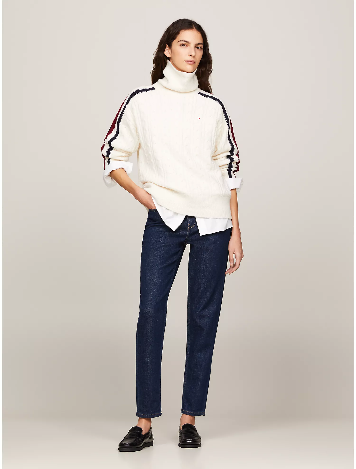 Stripe Cable Knit Turtleneck Sweater