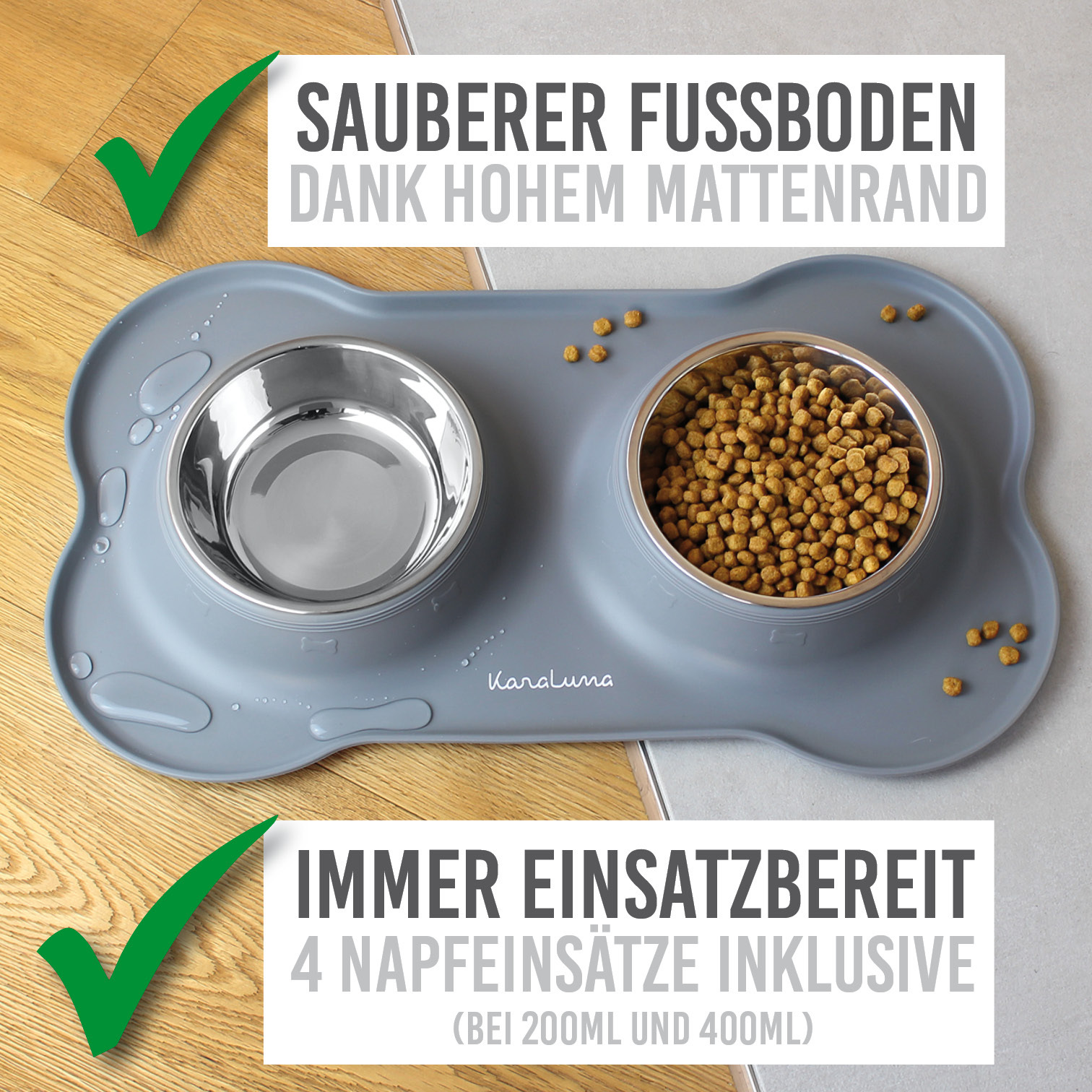KaraLuna Futternäpfe KaraLuna Napfunterlage mit 4 Näpfen grau 400 ml