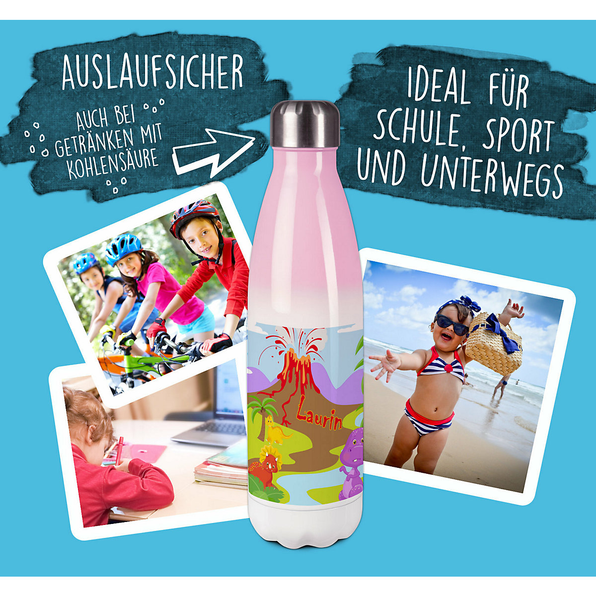 Edelstahl Kinder Thermoflasche / Trinkflasche bunt Dino Spülmaschinenfest, Auslaufsicher, Bruchfest, Doppelwandig, Für Heißgetränke geeignet, Mit Deckel, Isoliert