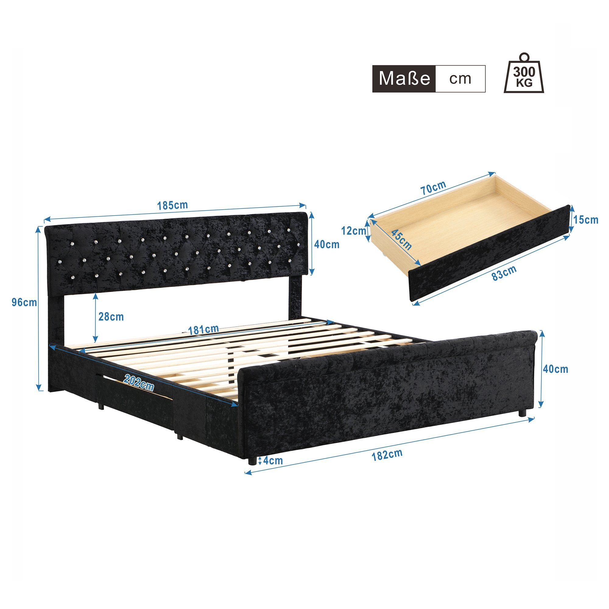 OKWISH Polsterbett Jugendzimmer (mit Lattenrost und Rückenlehne, Doppelbett mit 2 Schublade, Kopfteil mit diamantförmigen Zugpunkten Schlittenform), Einfache Montage, Schneeflocken-Vlies, schwarz