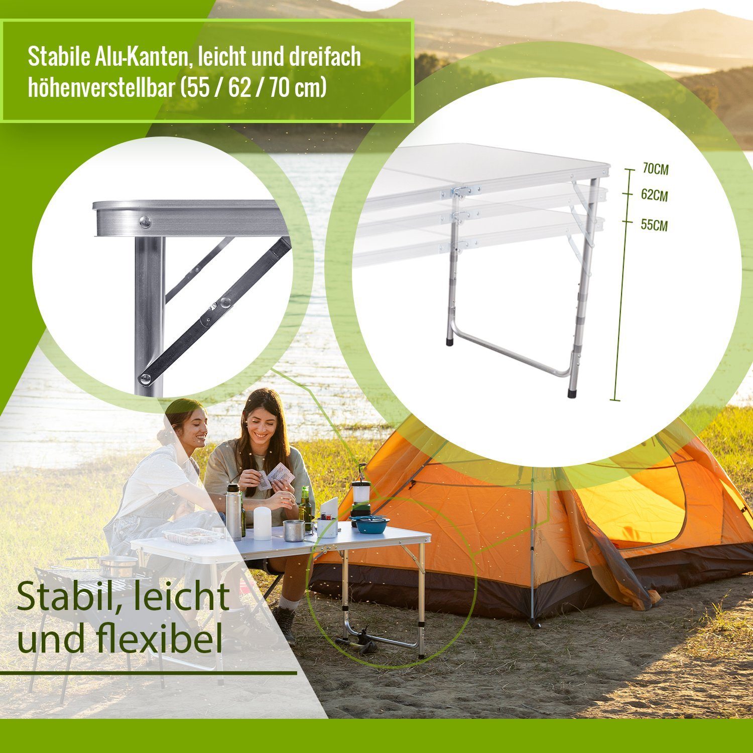 TroniTechnik Klapptisch Klapptisch Campingtisch, Klappbarer Mehrzwecktisch (in Weiß aus Aluminium, für Terrasse, höhenverstellbar bis 70cm), Wetterfest und trag für Garten, Camping, Balkon