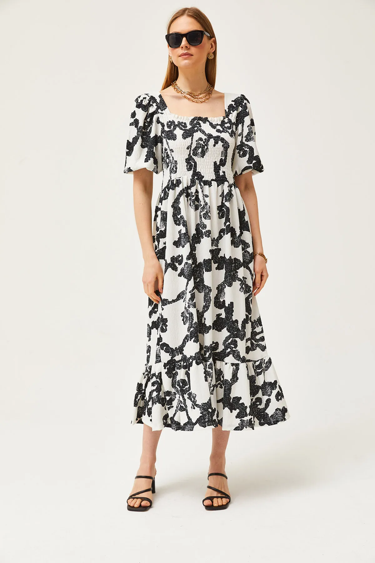 Olalook  Ecru-schwarzes Robe Gimped Midi-Strickkleid für Damen ELB-19002108