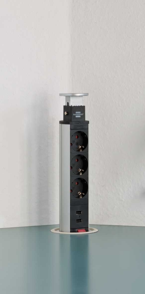 Brennenstuhl 1396200013 Tower Power USB пуњач, продужна трака са 3 улаза и двоструким USB улазом за пуњење, 2 м H05VV-F 3G1.5, потпуно уградљив у површину стола