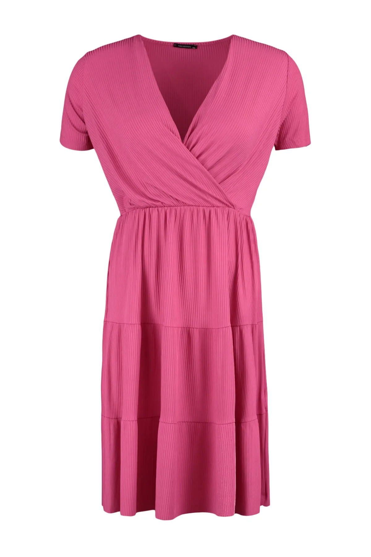 Trendyol Curve  Fuchsiafarbenes Strickkleid mit V-Ausschnitt und Blumenmuster TBBSS22EL1638