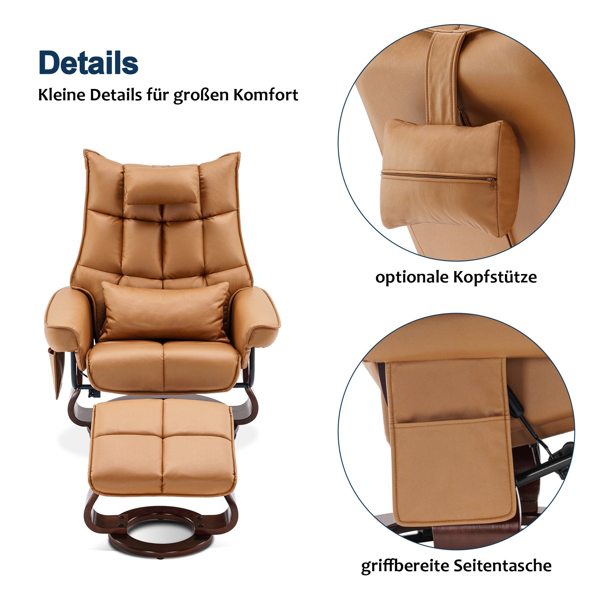 MCombo Relaxsessel MCombo Relaxsessel mit Hocker 9076, Drehbare Fernsehsessel mit Liegefunktion, mit Kissen & Seitentasche