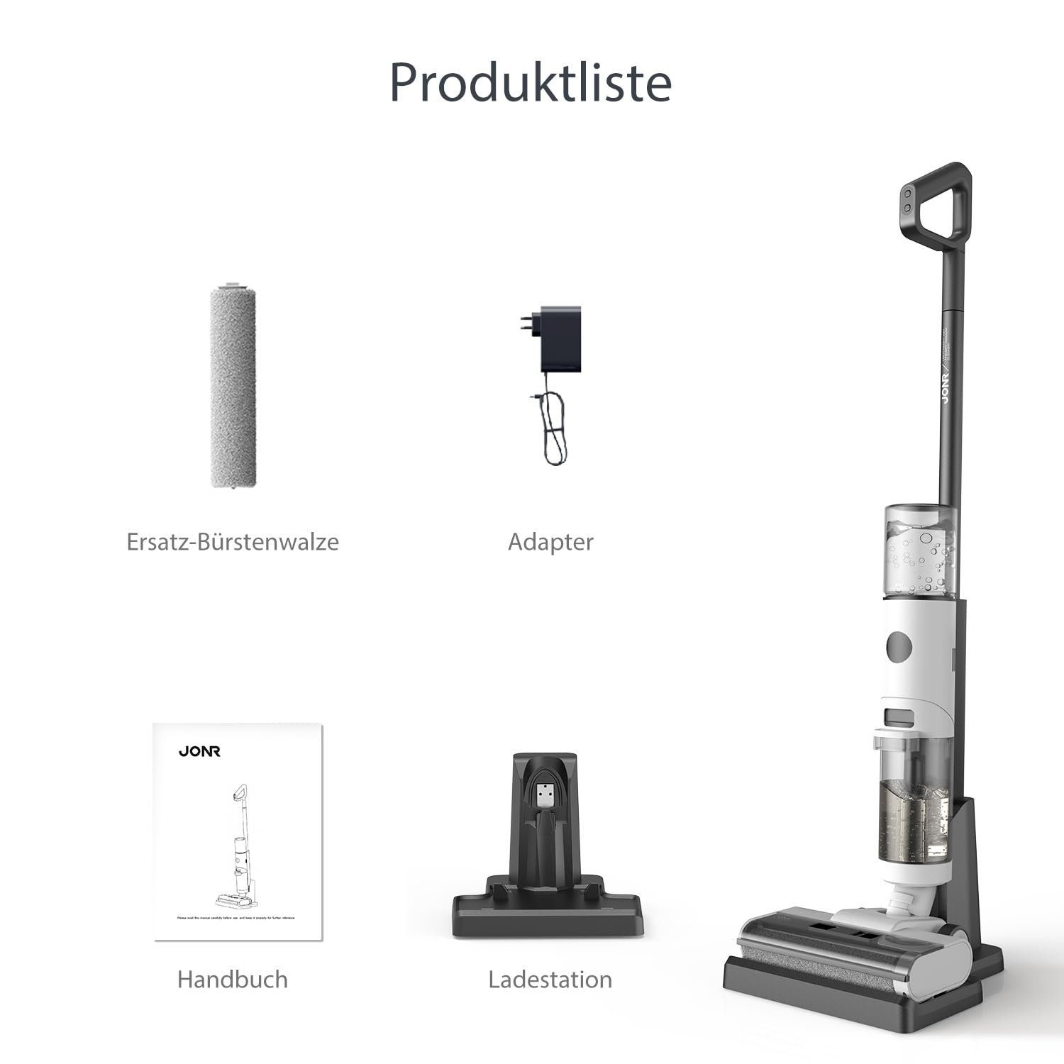 JONR Nass-Trocken-Akkusauger ED12, 200,00 W, Ultraleicht, 30-Minuten, Intelligente Nass-Trocken-Technologie und automatische Reinigungsfunktion, verbessertes Kantenreinigungsdesign, geeignet für Harte Böden