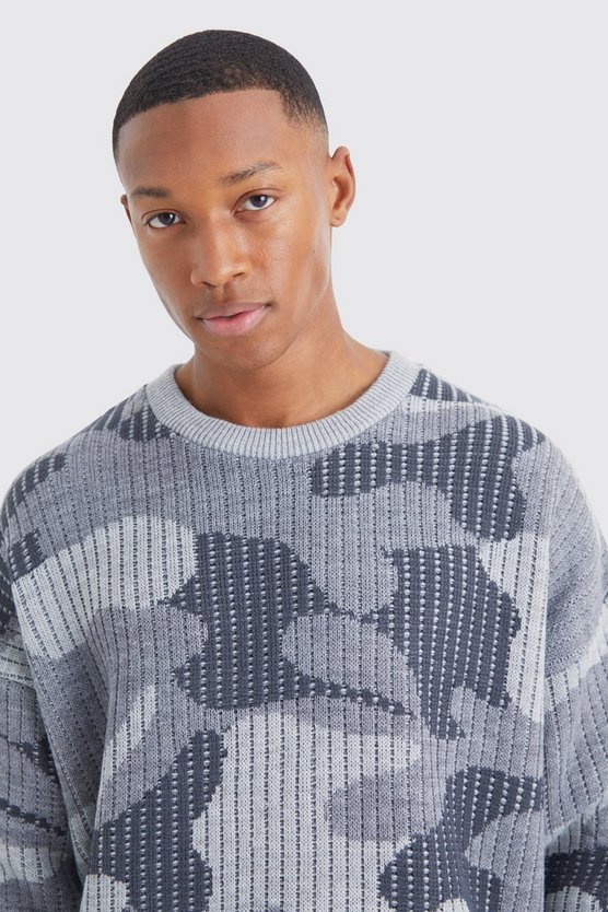 Gerippter Oversize Camouflage-Strickpullover
