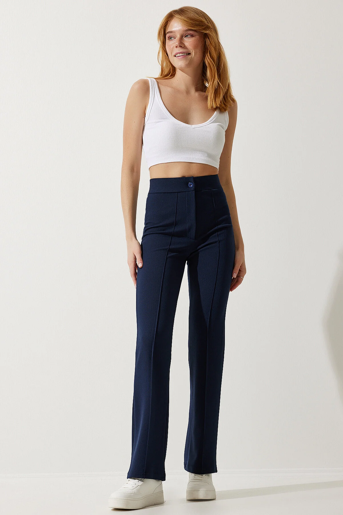 Happiness İstanbul  Marineblaue, bequeme Strickhose aus Lycra mit hoher Taille für Damen RV00090