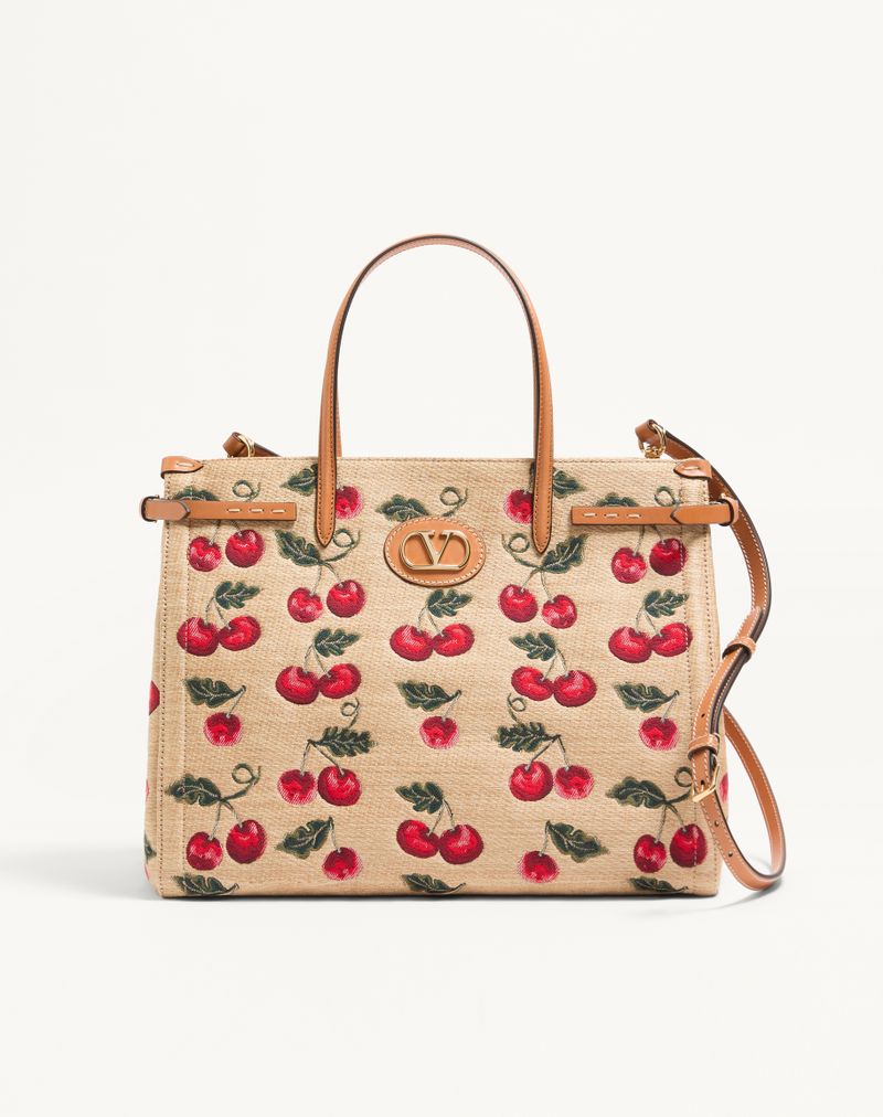 Borsa Shopping Media Valentino Garavani Antibes In Rafia Jacquard Con Motivo Cherryfic