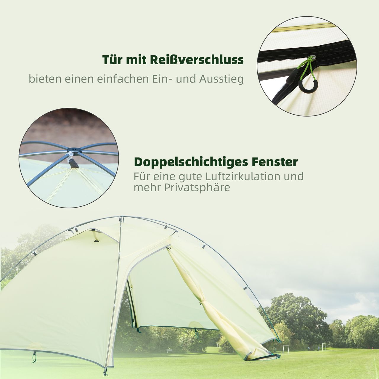 Outsunny Camping Zelt 2 Personen Zelt Kuppelzelt PU3000mm einfache Einrichtung für Trekking Festival leicht Aluminium Nylon Cremeweiß 230 x 140 x 110 cm